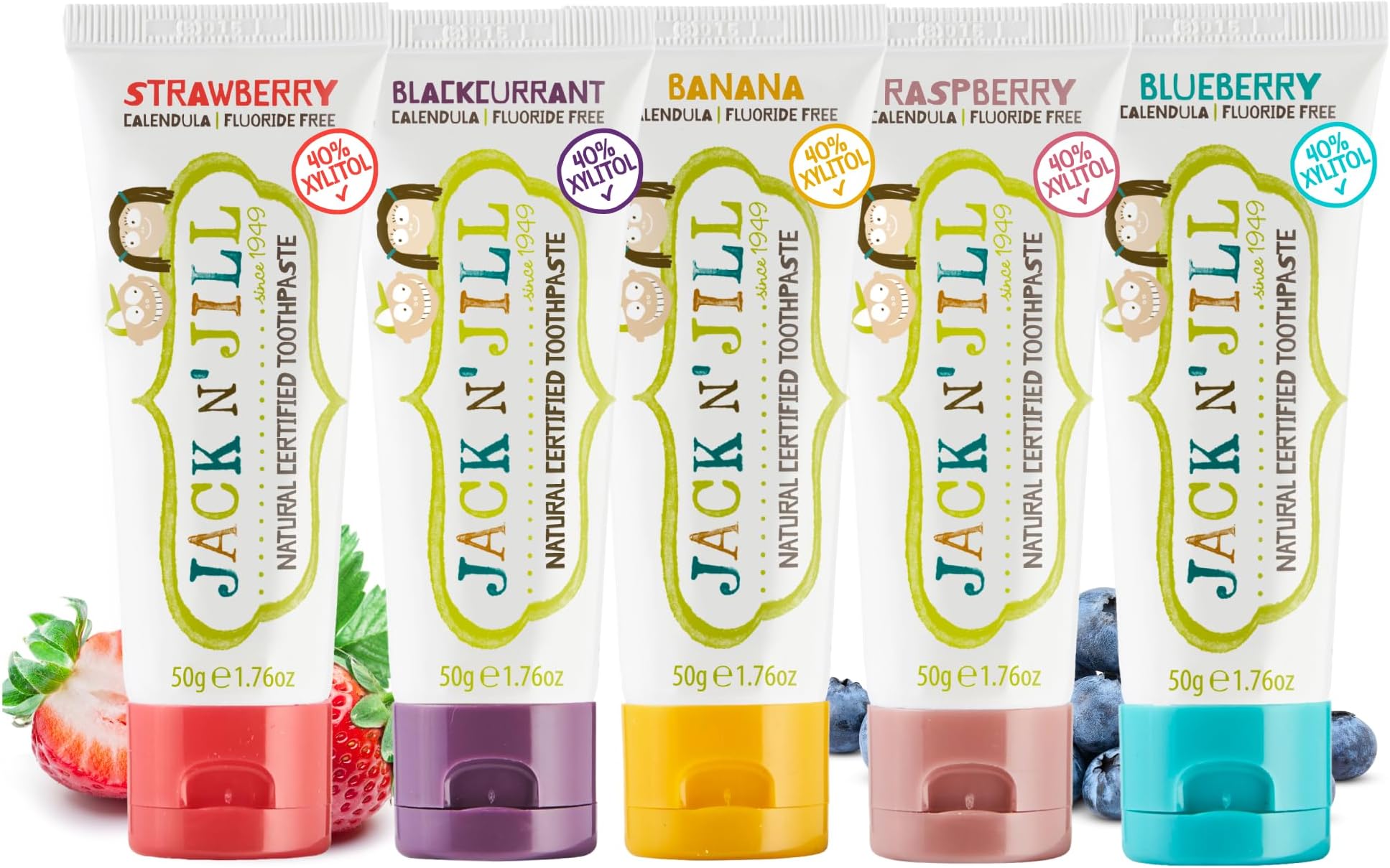 Jack N' Jill Natural Certified Toothpaste - Safe if Swallowed, Contains 40% Xylitol, Fluoride Free, Organic Fruit Flavor, Makes Tooth Brushing Fun for Kids - Variety Pack 1.76 oz (Pack of 5)