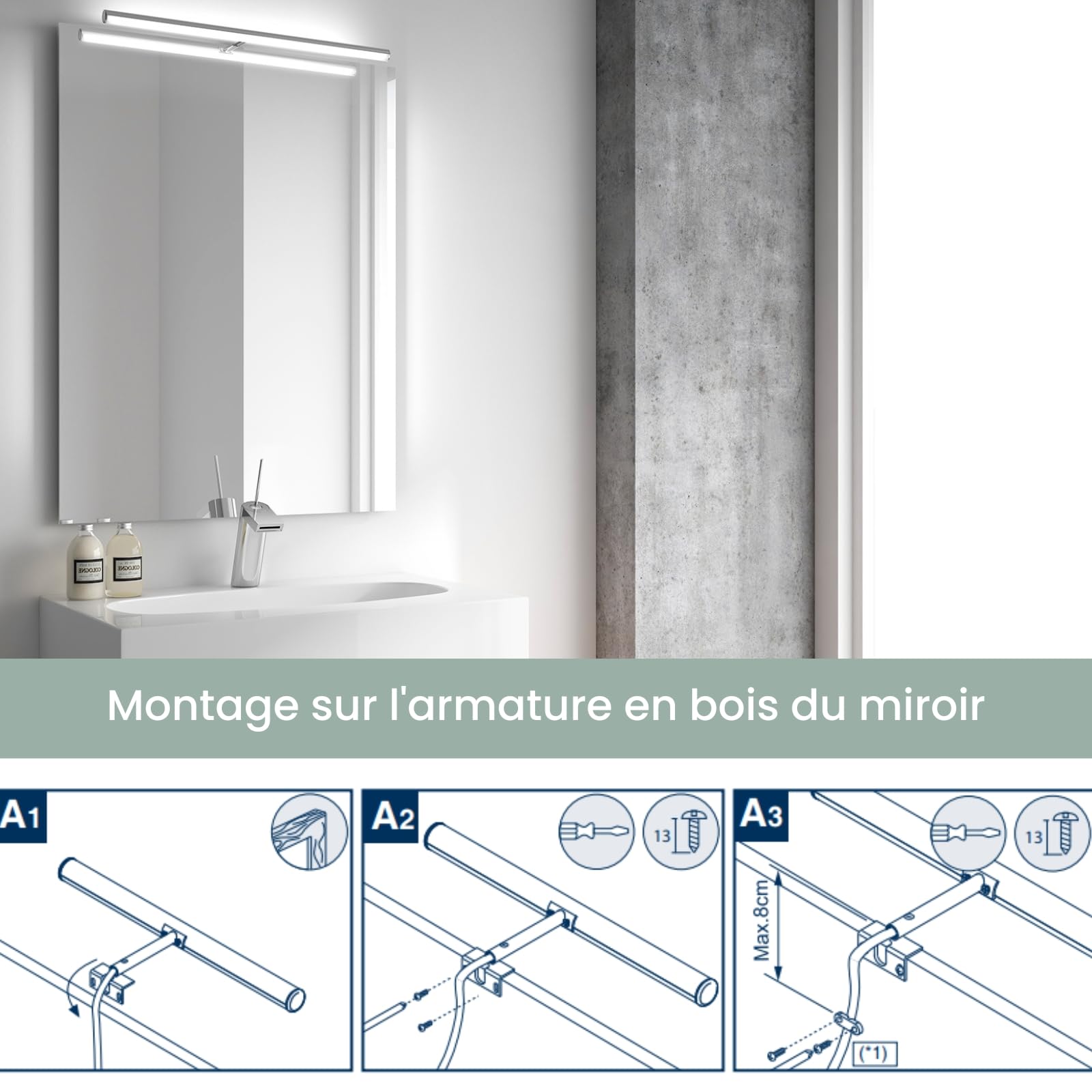 Aplike - Applique LED pour Miroir de Salle de Bain - Lumière Blanche Froide (5700K) - 10.2 x 2.2 x 49.6cm | Modèle Cassiopée