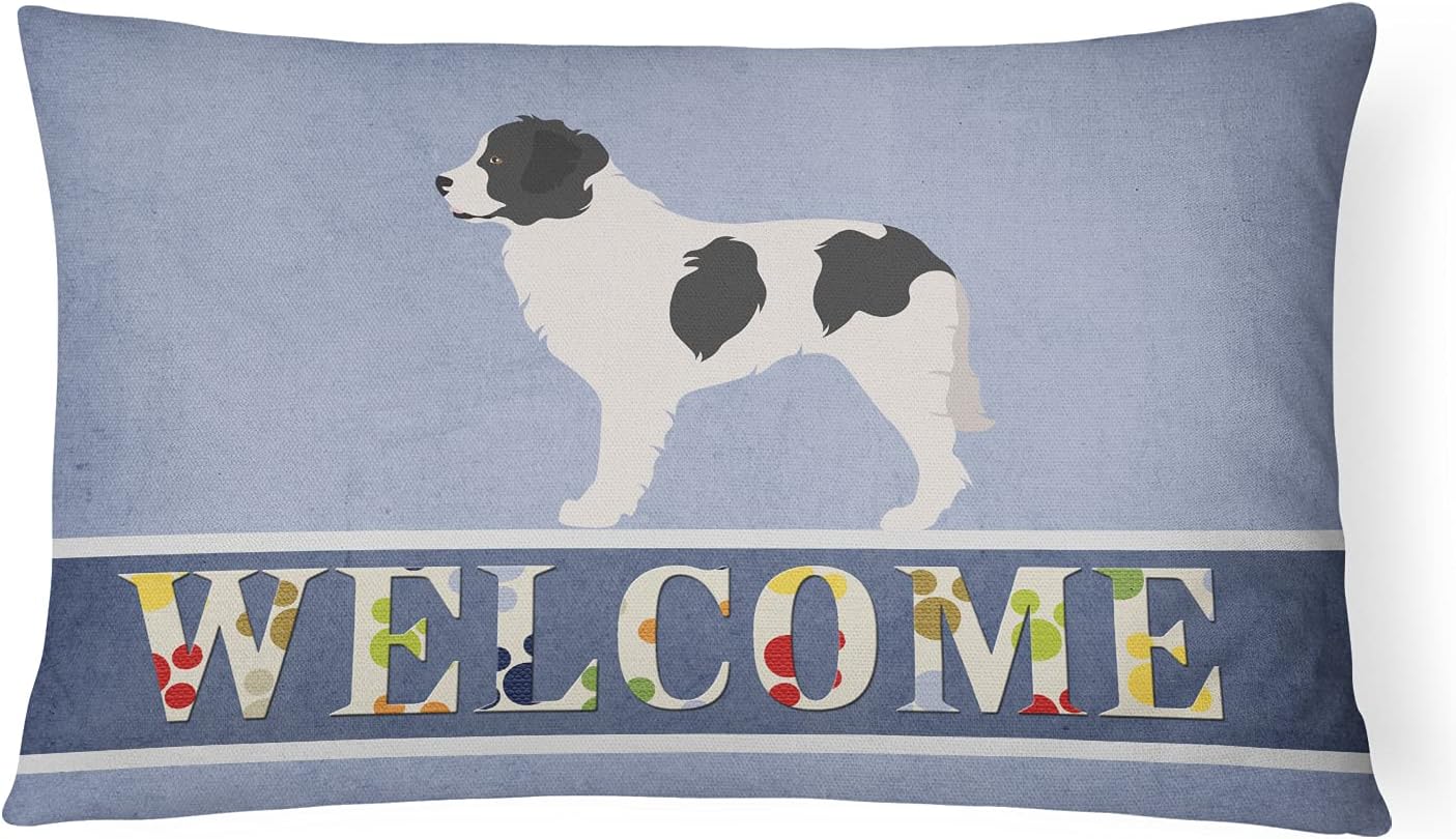 Caroline's Treasures BB8331PW1216 Landseer Welcome Canvas Fabric Decorative Pillow, Blue Machine Washable, Indoor Outdoor Decorative Pillow for Couch, Bed or Patio, 12HX16W