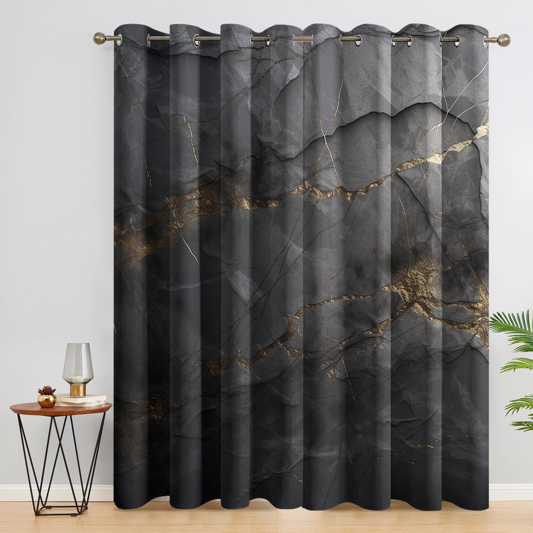 Generisch Schwarz Gold Marmor Vorhänge Wohnzimmer, Verdunklungsvorhänge Moderne Abstrakt mit Ösen, Vorhang Blickdicht mit Muster, Gardinen für Wohnzimmer Deko 2er Set, H 175 X B 140 cm B-G5