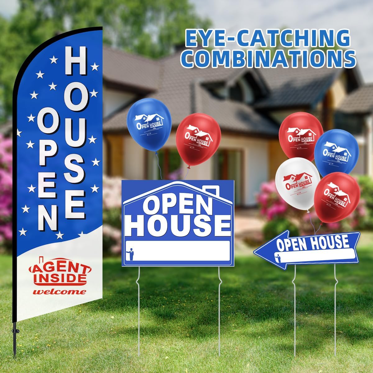 56 Piece Open House Signs for Real Estate Kit, 1 Open House Flag, 9 Double-Sided Estate Sale Arrows and Signs with Metal Stakes, Plus 24 Balloons, Suitable for Real Estate Brokerage Supplies (blue)