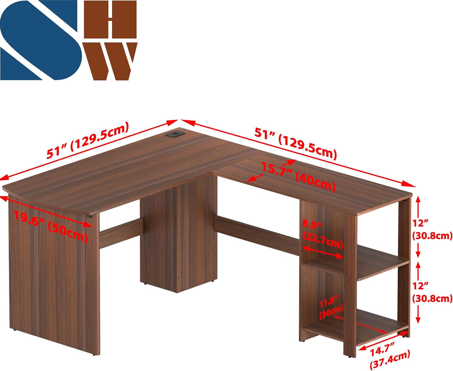 SHW 51 x 51 L-Shaped Home Office Wood Corner Desk with Storage, Walnut image 2