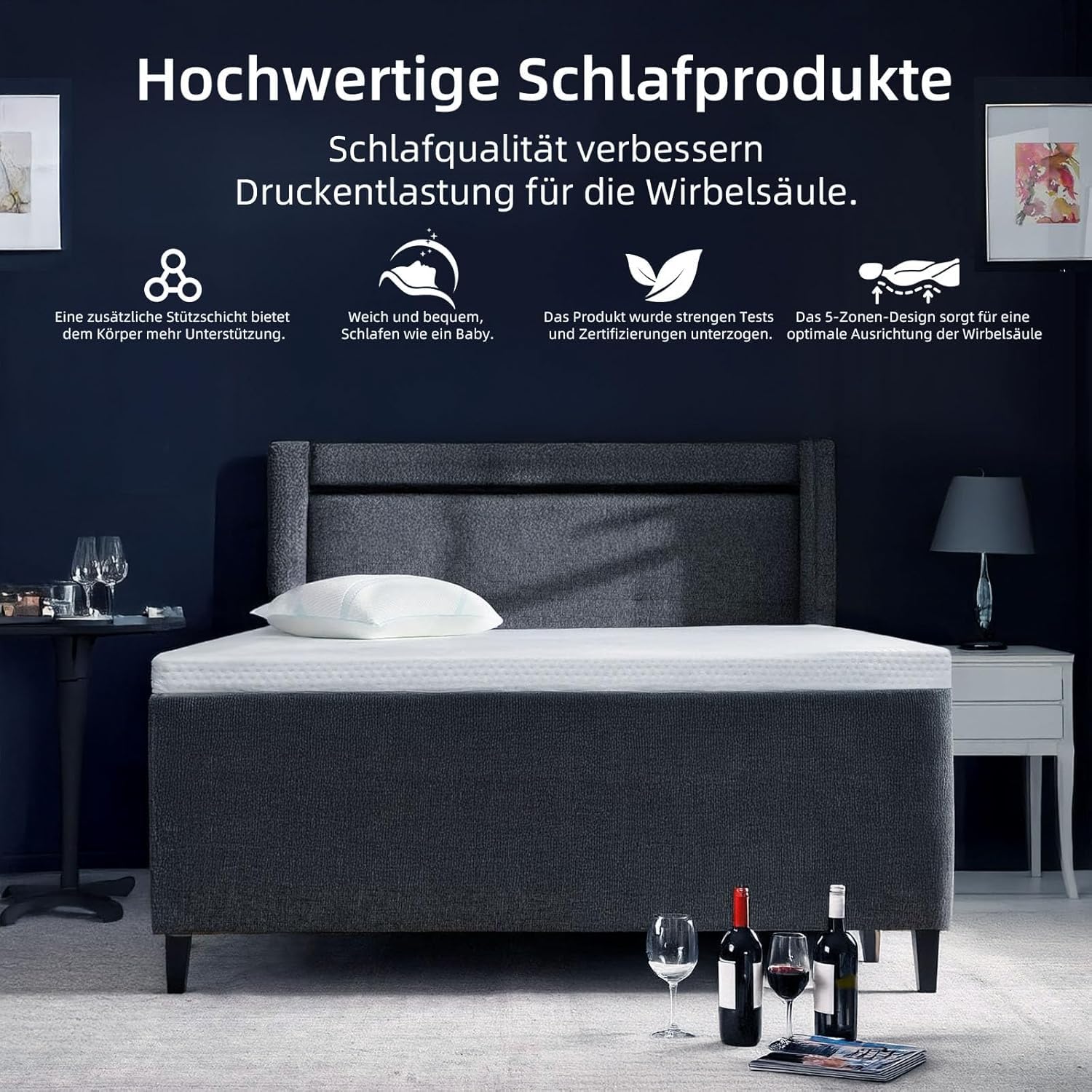 Gelgeheugensteuncombilaag, matrastopper, 90 x 200 cm - 7,5 cm hoogte met 7-zone-ondersteuning, H3 en H4, matrasbeschermer met wasbare overtrek, voor boxspringbed en slaapbank, 100 dagen proefslapen