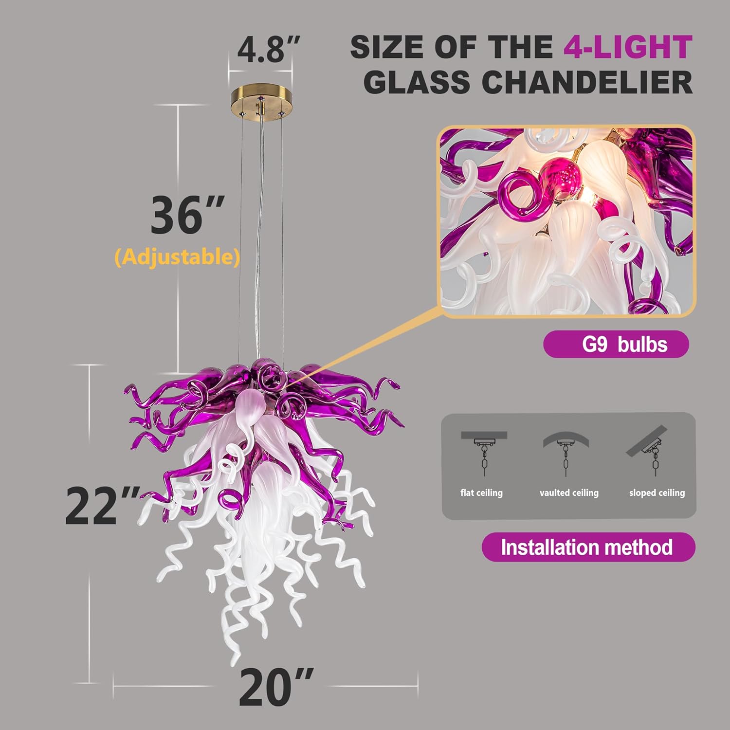 Hand Blown Glass Chandeliers Purple and White Art Deco Glass Chandelier, 4-Light Dia 20" Hanging Pendant Light Fixture for Dining Room, Entrance, Bedroom, Entryway, Foyer, Living Room