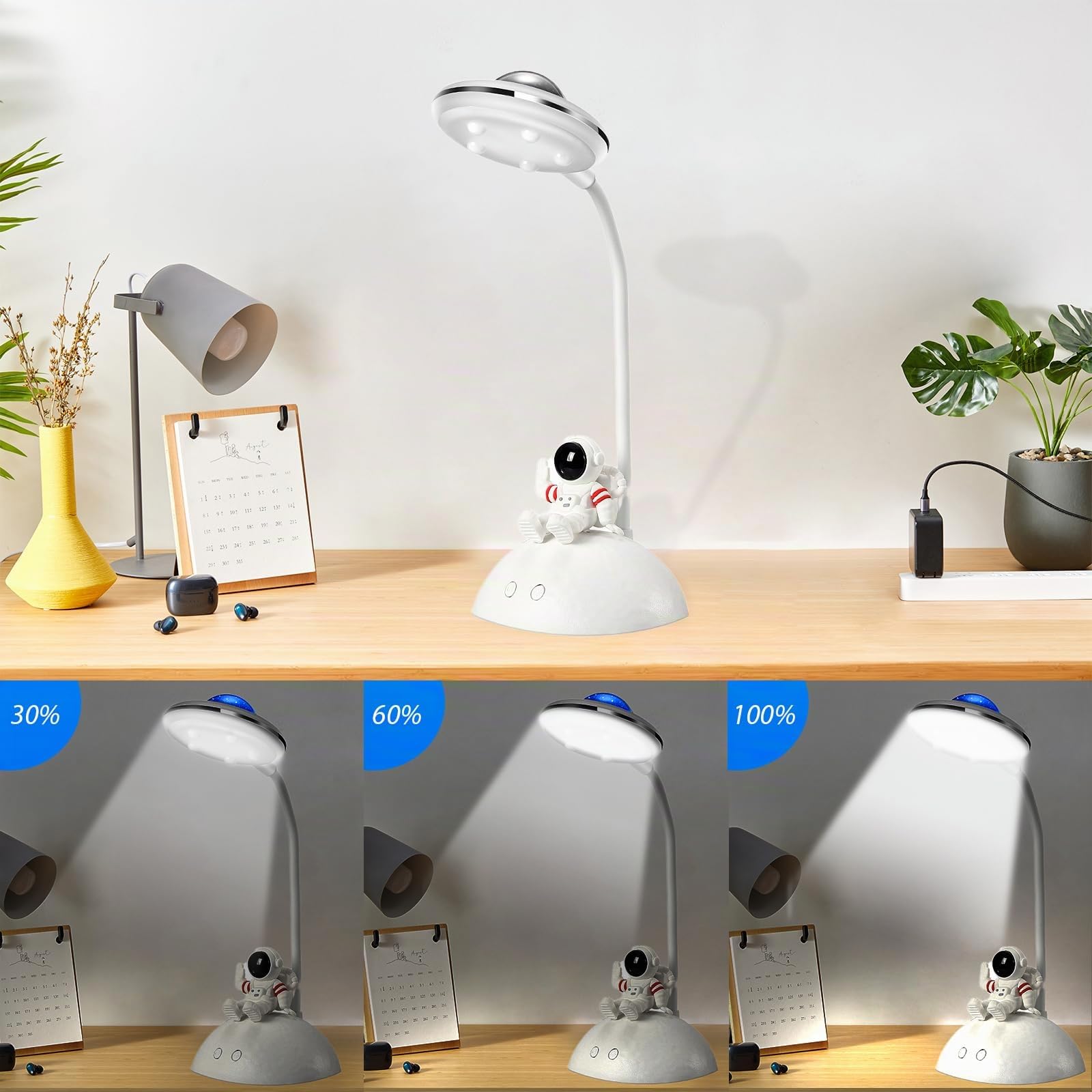 Lampe de bureau pour enfants - Astronaute - LED - Avec support pour téléphone portable et projection - Niveau de luminosité variable - Rechargeable - Protection des yeux - Lampe de lecture