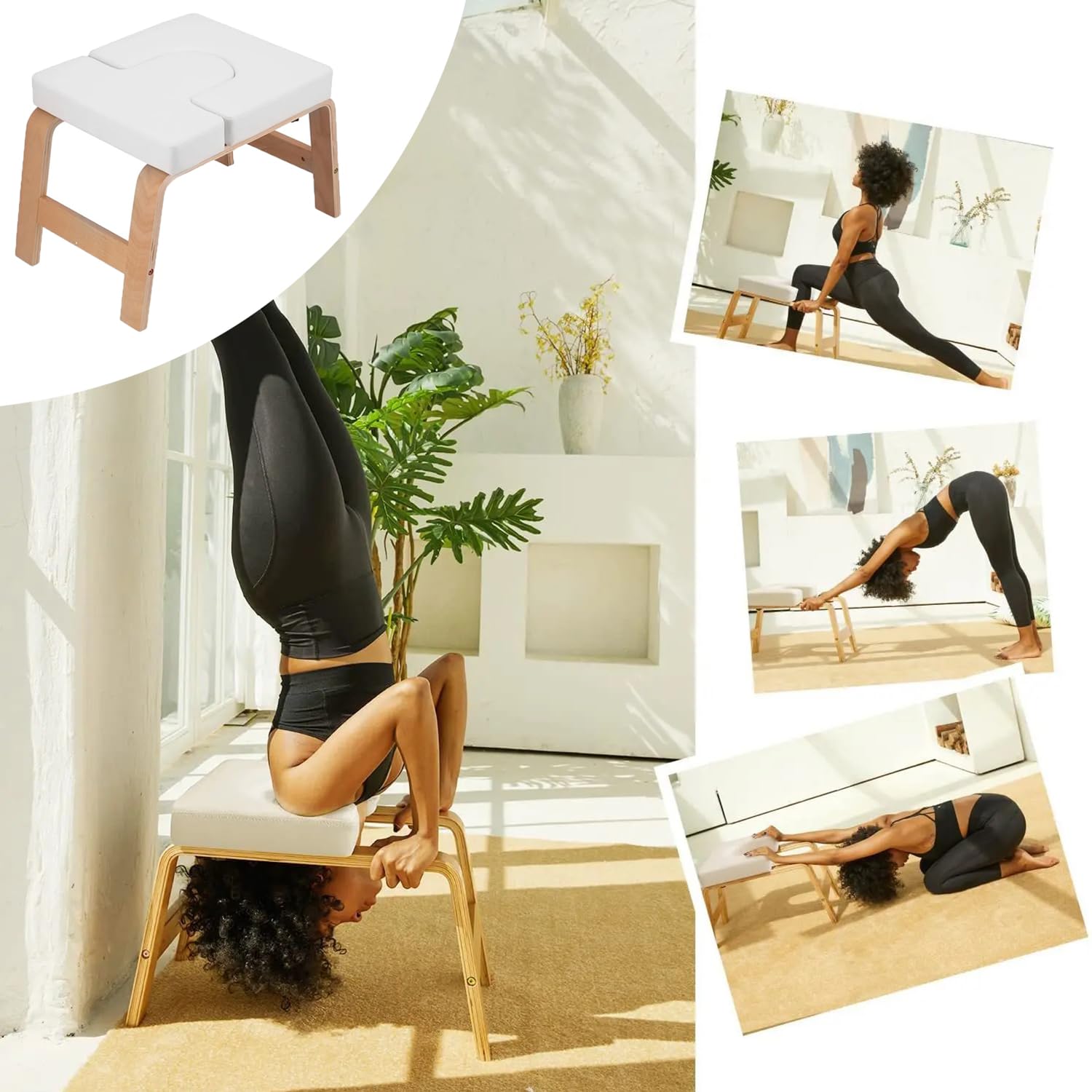 Sgabello Yoga Per Verticali,Seduta Yoga Per Esercizi Headstand In Legno Massiccio,Poggiatesta Rimovibile,Adatta Per Chi Pratica Fitness,Uso Domestico,(63 * 41 * 38cm,Bianco)