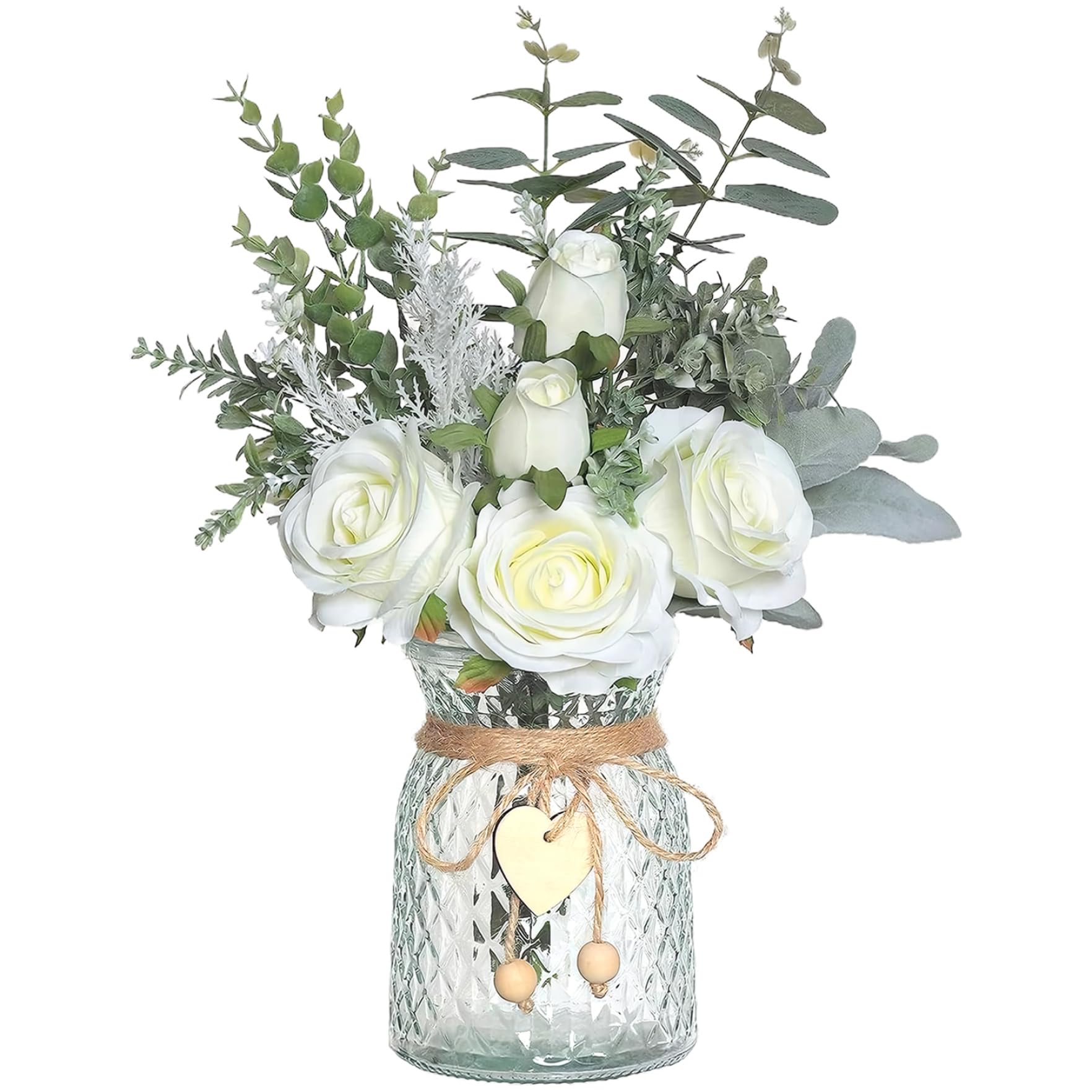 CAKEEYUM Artificial Flowers in Vase, 14.5x11 Inch Lifelike Roses Faux Flowers in Vase, Silk with Green Leaves, Fake in for Home Kitchen Office Table Centerpiece, White Artificial