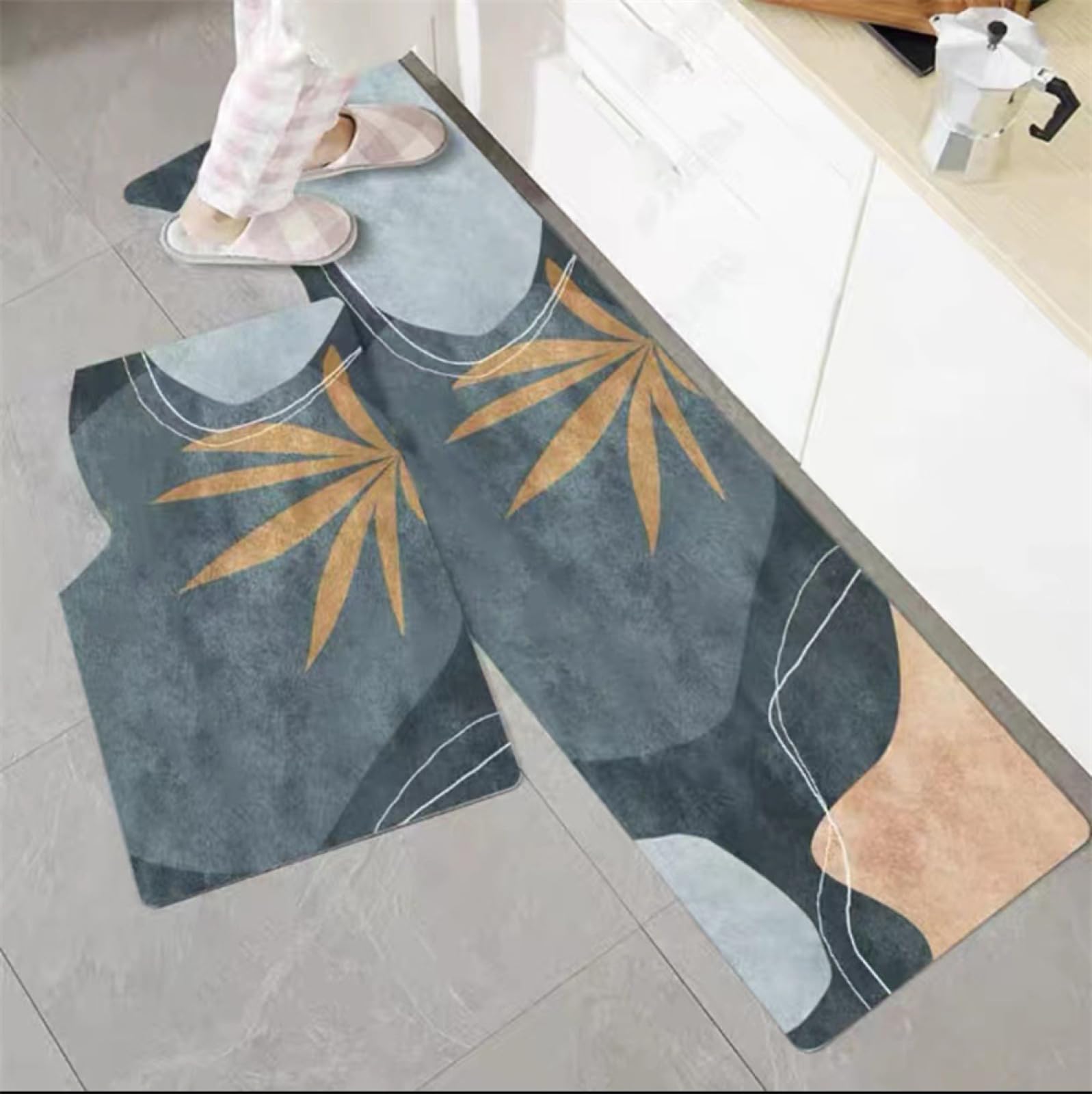 KüChenläUfer KüChenmatte 45x120cm, KüChenteppich Waschbar rutschfest, Teppich LäUfer Flur FußMatte Badematten, Wasser öL Aufnehmen Teppich KüChe Set für KüChe Wohnzimmer, Badezimmer Leaves