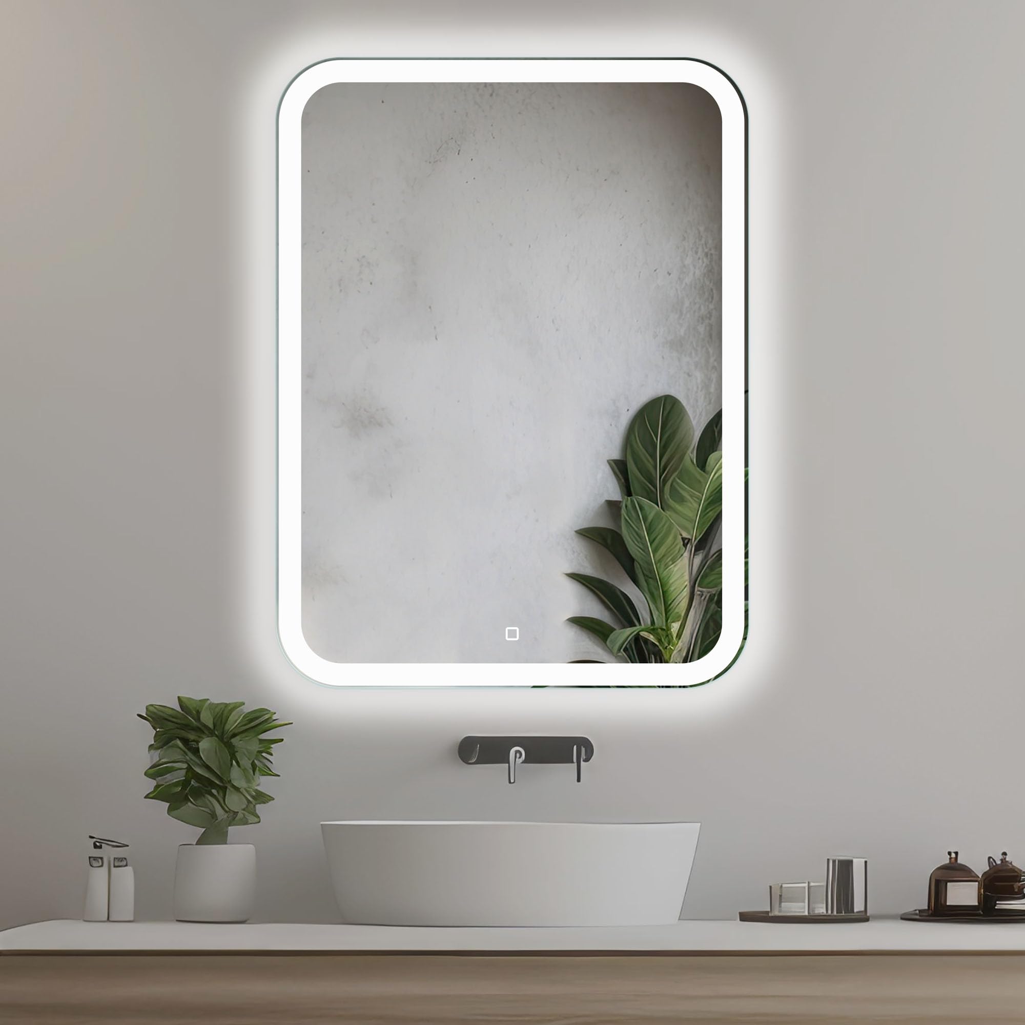 Rechteckiger LED Badspiegel 60 × 80 cm, Frontbeleuchtung | Badezimmerspiegel mit Beleuchtung, LED Wandspiegel, Touchschalter, Dimmbar, Neutralweißes Licht, Abgerundete Ecken