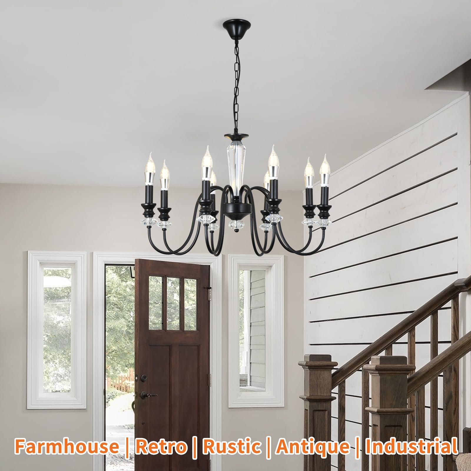 Kronleuchter Schwarz, 8 Flammig Rustikale Kronleuchter Vintage Pendelleuchte Wohnzimmer, Antik Deckenlampe Schlafzimmer Hängend mit E14 Fassung, Einstellbare Höhe Klassischer Lüster für Esstisch Flur