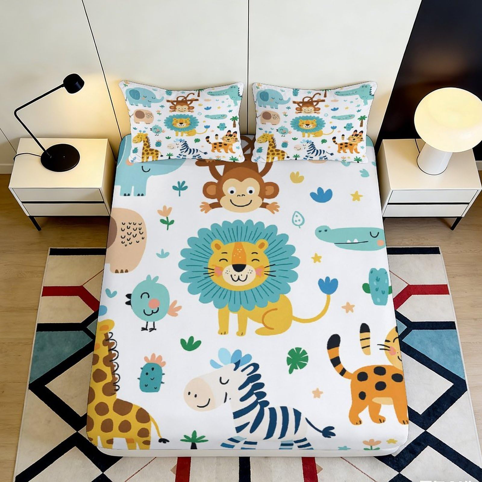 3D Printed Safari Animals Fitted Sheet Microfiber Soft Bedroom Decor Jungle Wildlife Mattress Cover 90x200x25cm