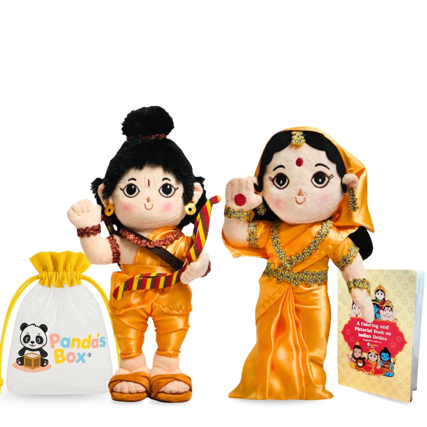 Panda's Box Baby Rama & Devi Sita Duo (Non-Musical) | Soft Plush Stuffed Toy | Non-Toxic, Safe|| Divine Birthday & Festive Gift for Babies, Kids (Boys, Girls) | Free Colouring Book | 37 CM