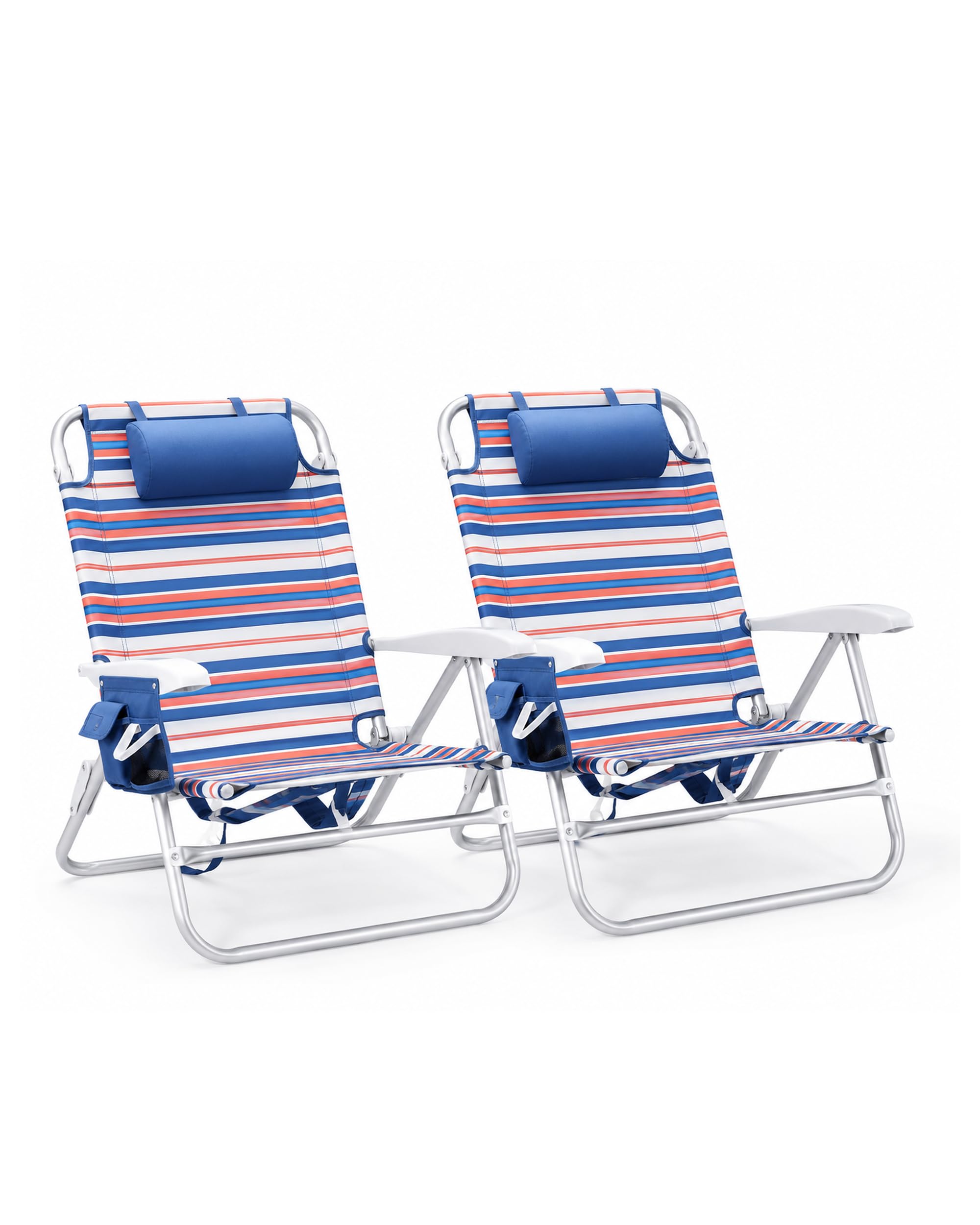 Old Bahama Bay 2 Pack 7-Position Lay-Flat Beach Chair, Lightweight Aluminum Frame Reclining Backpack Chair with Padded Headrest, Big Storage Bag, Heavy Duty Support for Tanning & Camping Stripe