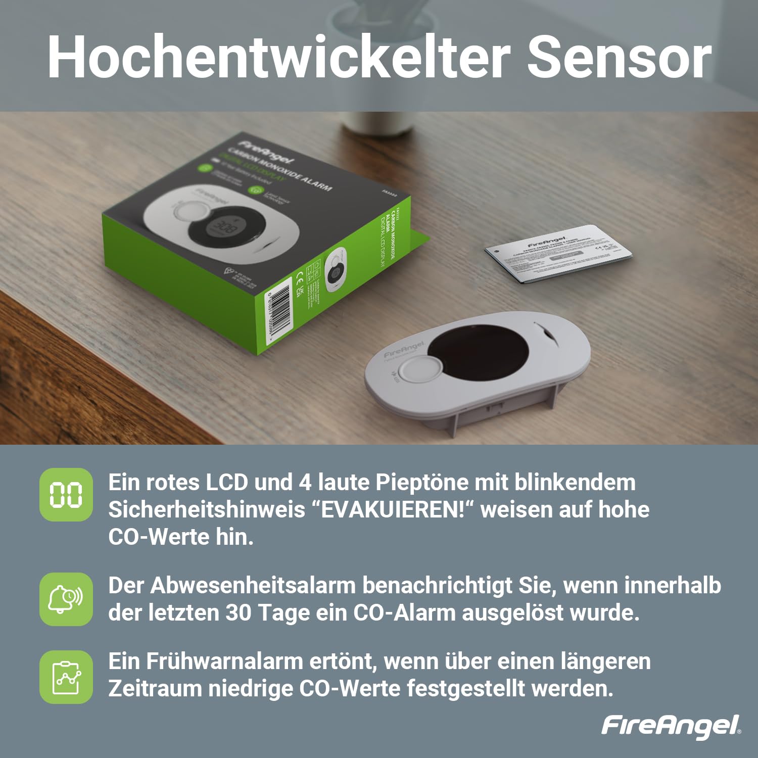 Fire Angel Digitaler Kohlenmonoxidmelder mit Integrierter 10 Jahres Batterie - FA3322 Luftfeuchtigkeits-, Temperatur- und CO-Melder - Tragbar, für Zuhause und Unterwegs - CO Warner