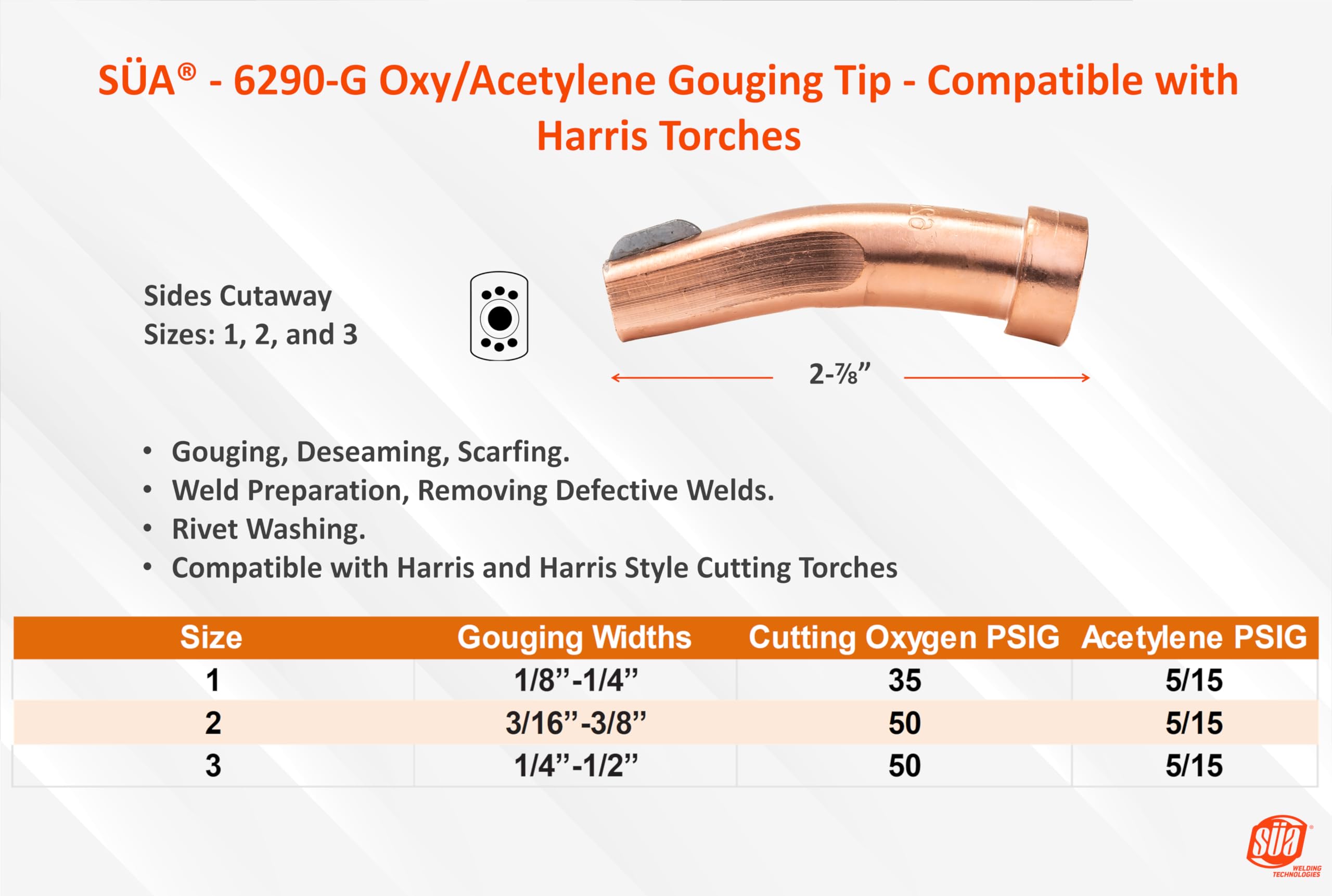 SÜA® - 6290-1G Oxy/Acetylene Bent Gouging Tip - Compatible with Harris Torches. Size: 1