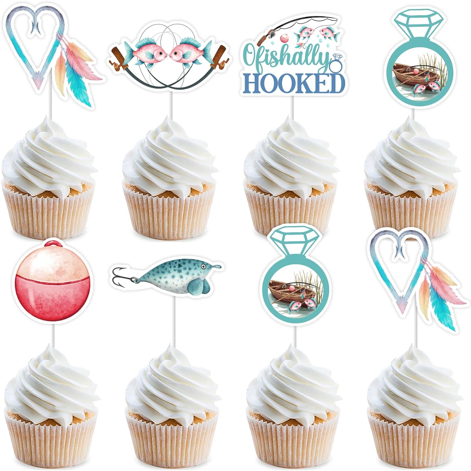 Fishing Bachelorette Party Decorations, 36 Pcs Ofishally Hooked Cupcake Toppers, Two Less Fish in the Sea Wedding Bridal Shower Engagement Party Supplies