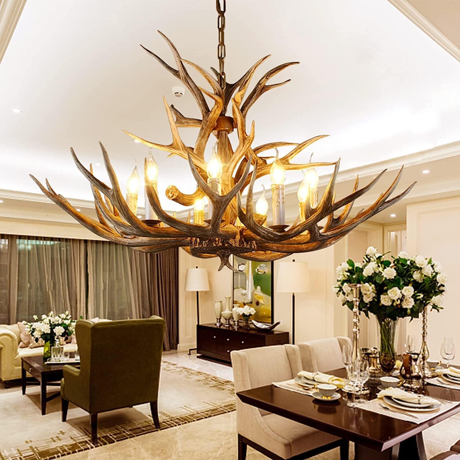 Antler Chandelier 8 Lights Double Layer, Resin Deer Antler Chandelier Lighting Vintage Antler Light Fixtures, Farmhouse Large Deer Horn Chandelier for Dining Room Kitchen Living Room Store
