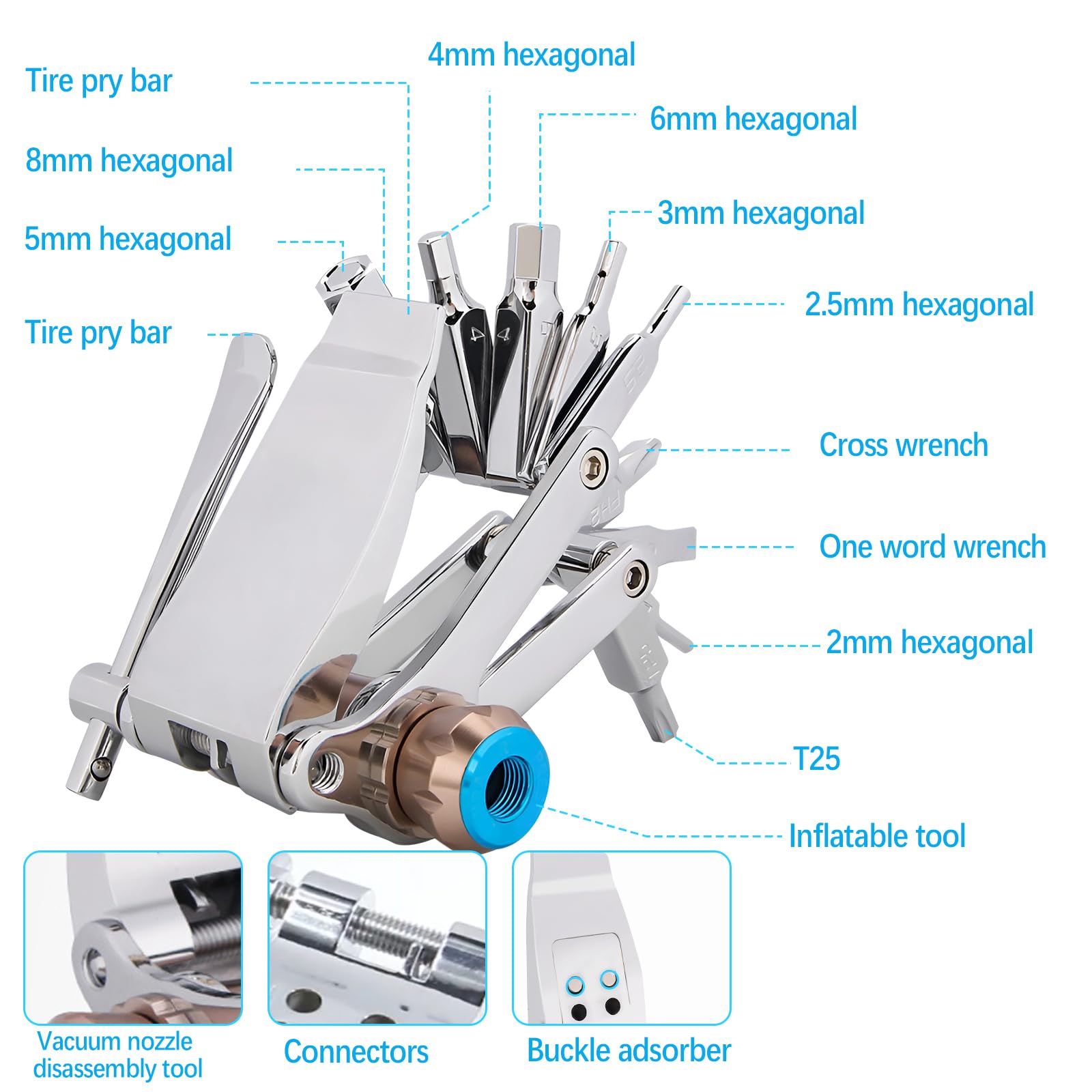 Kit di riparazione per bici 16 in 1 Kit di attrezzi multifunzione per bici compatto e leggero strumento di rimozione dell'ugello di aspirazione/esagonale/leve per pneumatici Kit di strumenti tascabili