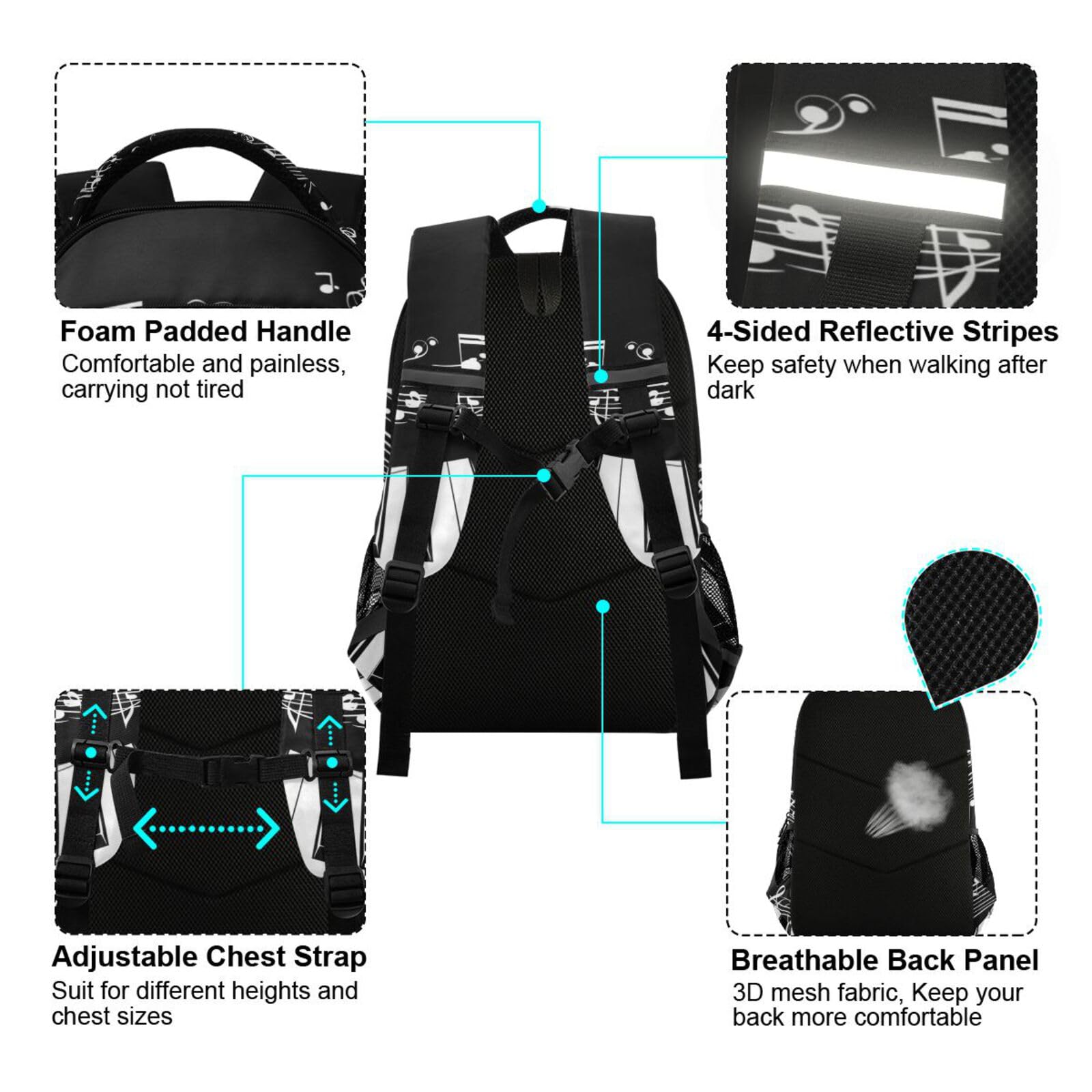 Musik Klaviertasten Noten Rucksack Jungen Schulrucksack Mädchen Schulranzen Kinder Reflektierender Schultasche Kinderrucksack Für Schule