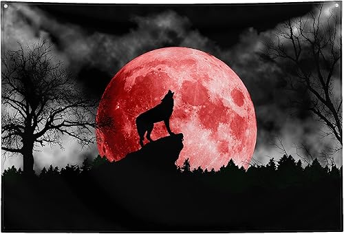Miniatura 6 de Tapiz de lobo, estampado de animales, luna roja, noche de lobo en bosque brumoso, tapiz blanco y negro para colgar en la pared, tapiz de pared para