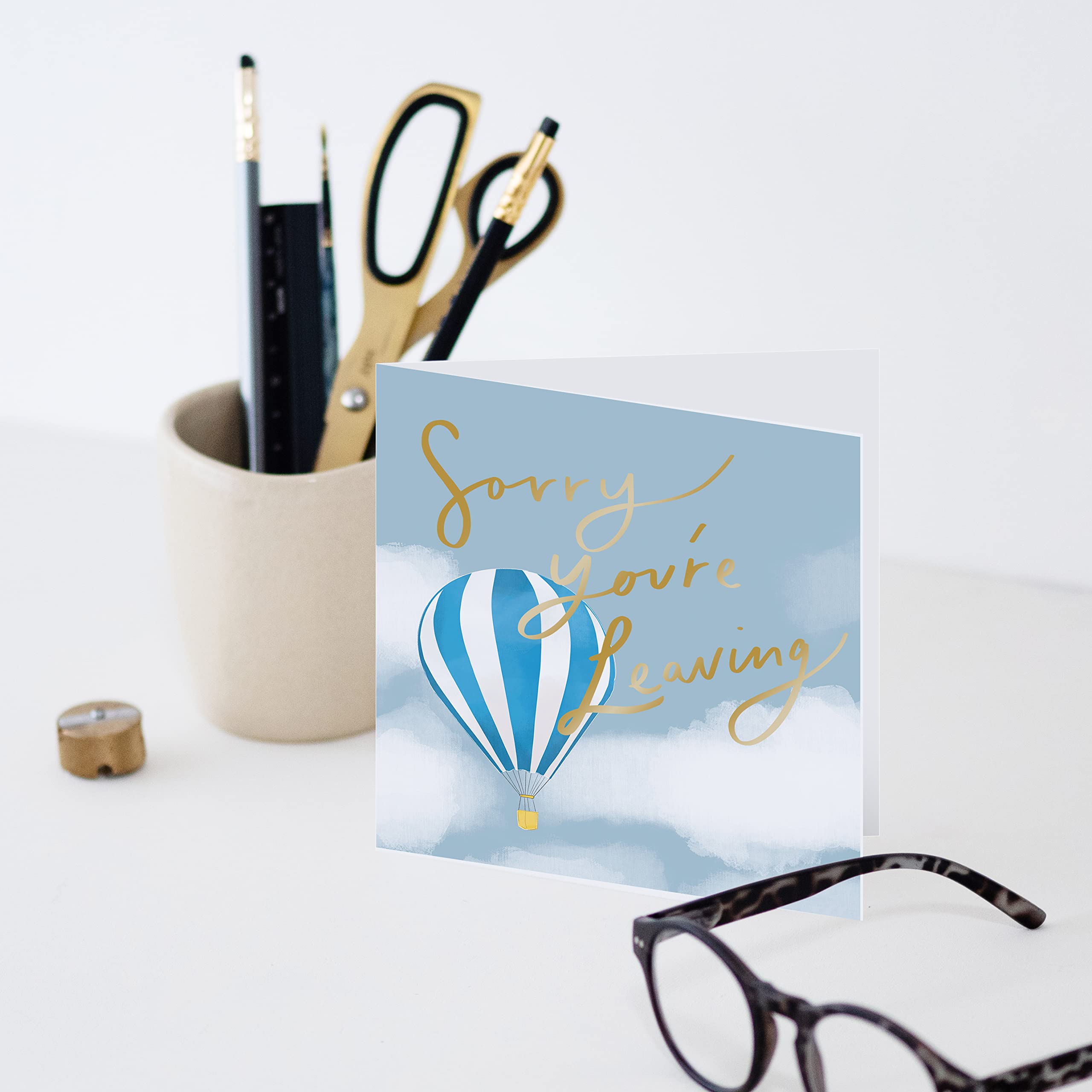 Abschiedskarte „Sorry You’re Leaving“ – Mit Heißluftballon & Goldfolie, Für Kollegen, Freunde, Ruhestand