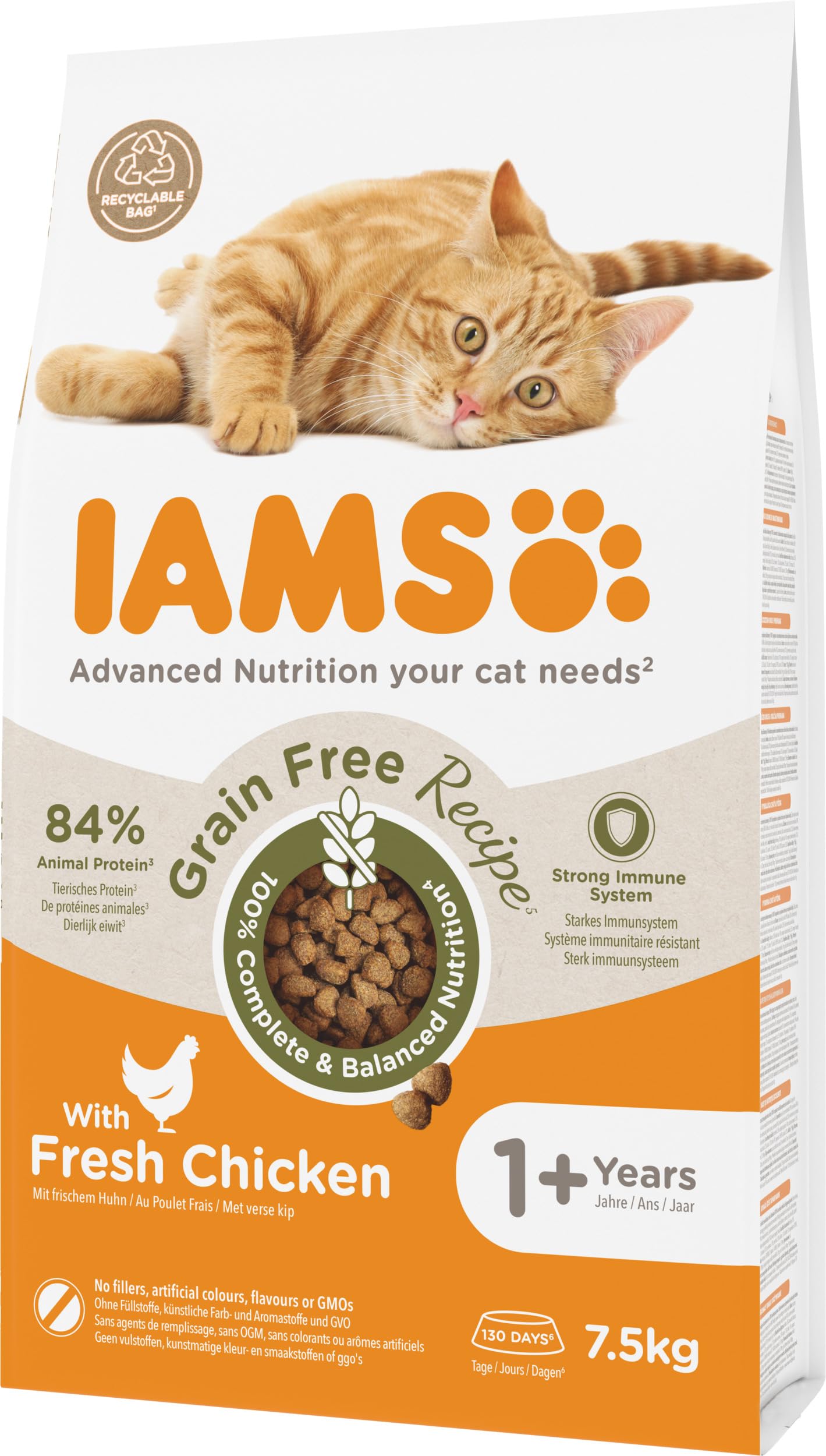 IAMS Alimento Sin Cereales para Gatos Adultos, Pollo Fresco, 7,5kg