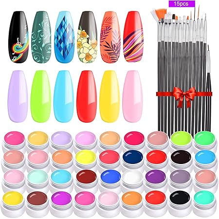 Gel Nail Polish Kit, Anself 36 Colors 8ml Nail Polish Set Nail Art Pigment Set UV Gel Builder Solid Glue Extension Gel with 15 Painting Nail Brushes for Nail DIY (Black)