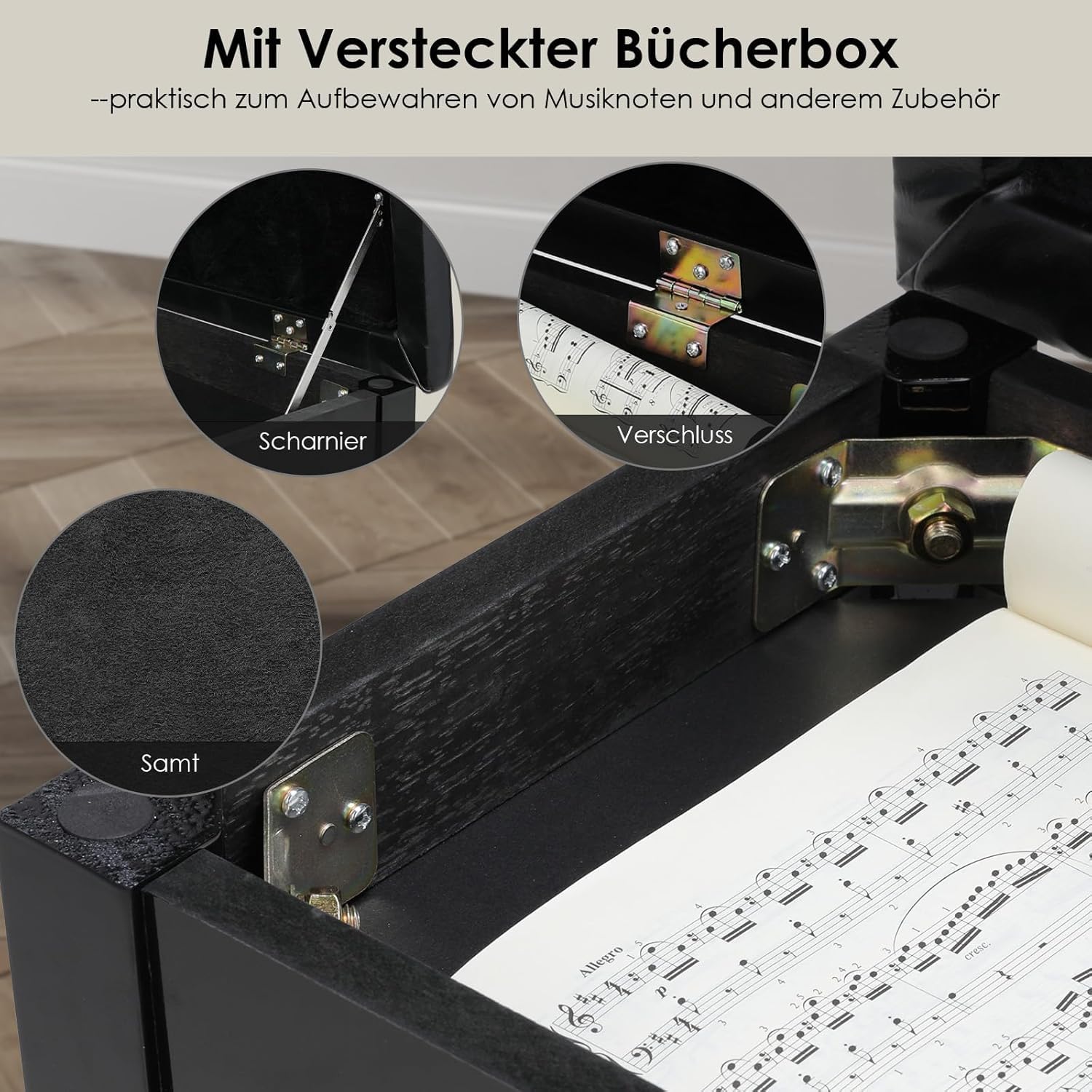 Clevich Klavierbank 200kg Tragkraft mit PU-Lederkissen & Stauraum - Massivholz-Pianohocker 75x35x49cm, Zweisitzer mit rutschfesten Füßen, Schwarz (75 * 35 * 49cm)