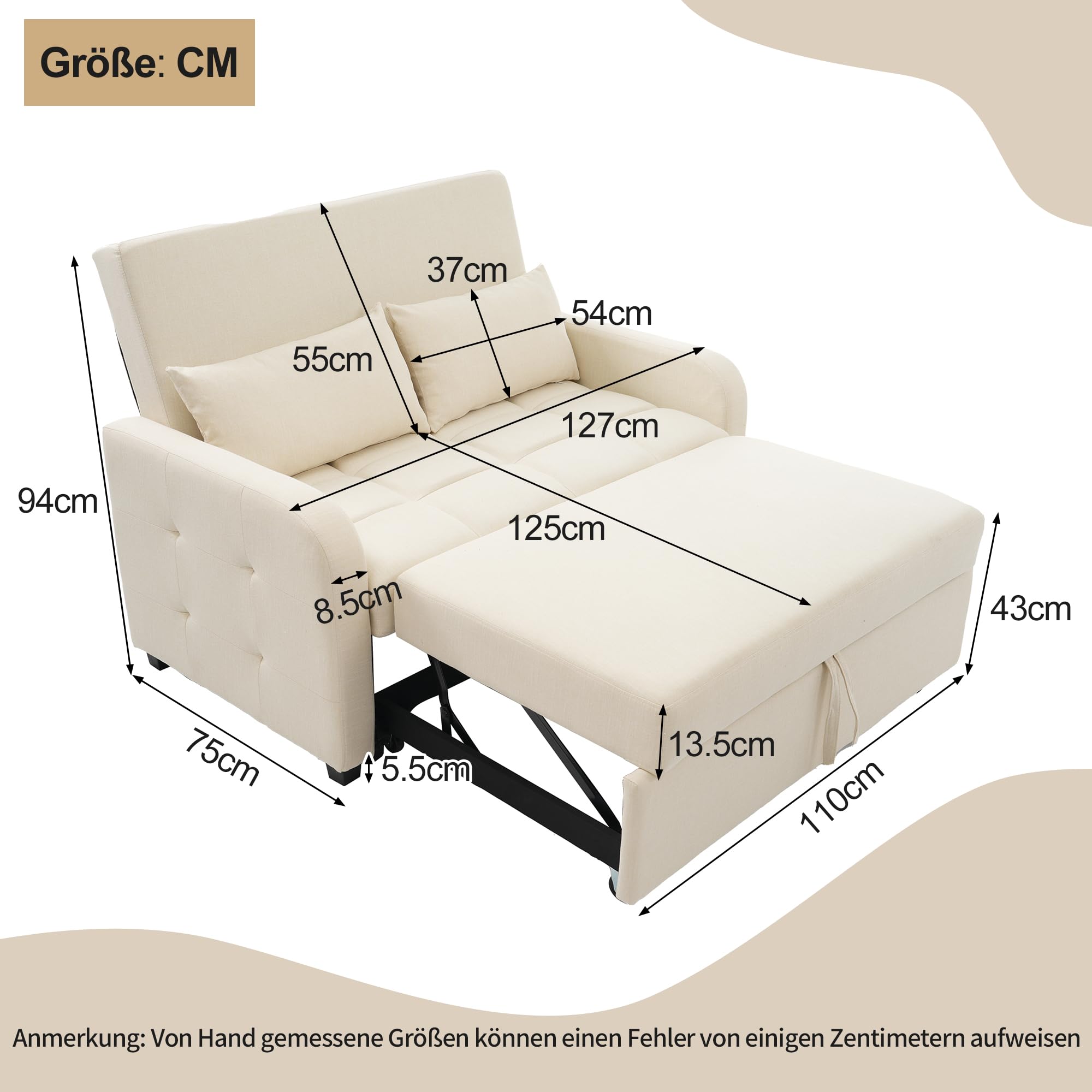 Merax Schlafsofa 2-Sitzer Kleines Sofa mit Schlaffunktion | 180x127 cm - Modernes Klappsofa 3-in-1 Schlafcouch Ausziehbar mit Verstellbarer Rückenlehne, Seitentaschen - Leinenstoff Sofabett, Beige