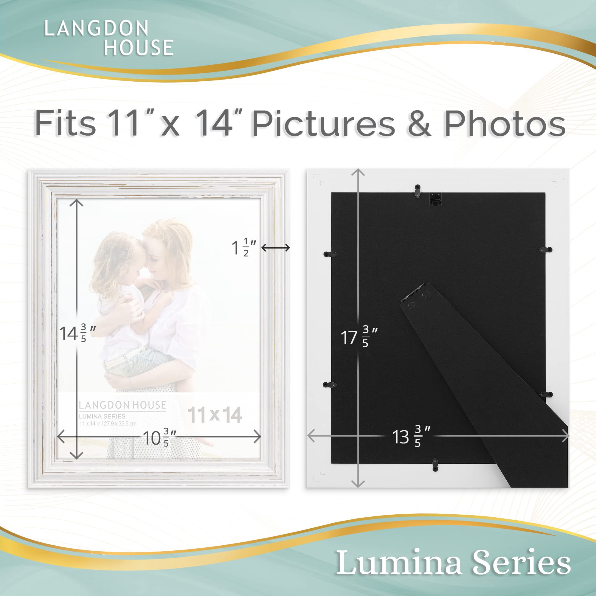 Langdon House Lumina Collection Bilderrahmen aus Echtholz, 28,9 x 35,6 cm, verwittertes Weiß – goldene Akzente, weißer Holz-Bilderrahmen, 2 Stück
