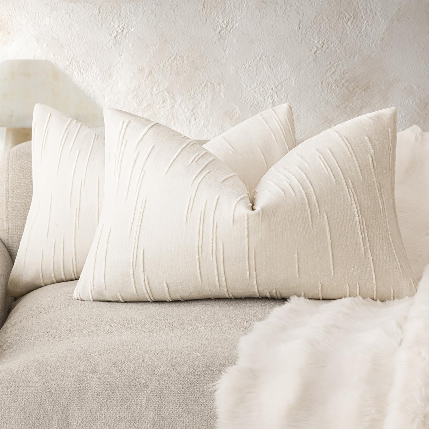 Foindtower Slubby Textured Chenille Lumbar Pillow Covers 12x20 Cream White
