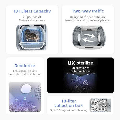Miniatura 5 de Caja de arena automática para gatos de 101 litros, caja de arena con robot de doble salida con limpieza automática para gatos grandes, control de