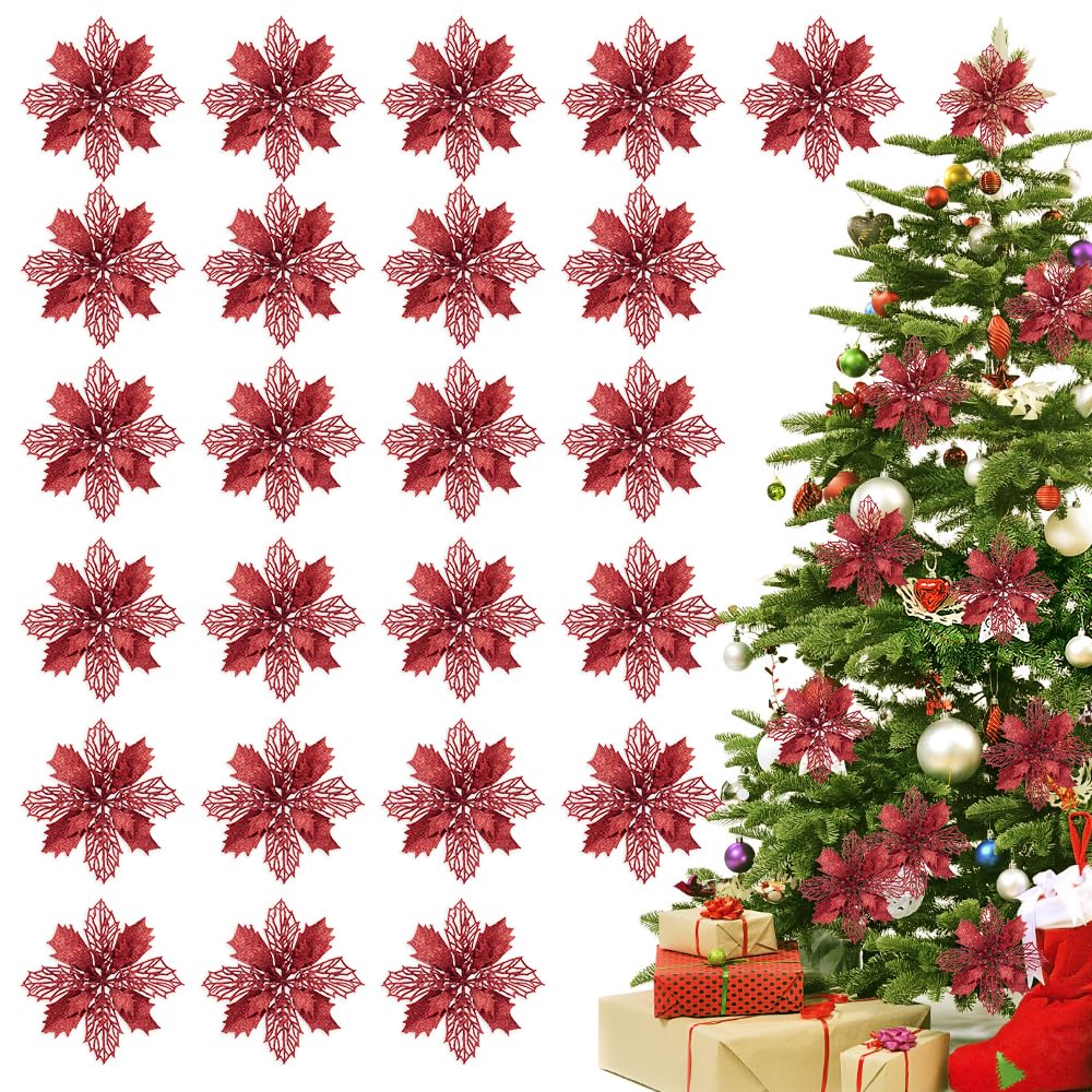 mizikuu 24 Piezas Flores de Navidad, lores Artificiales de Navidad Flores de Poinsettia con Clips Navidad Adornos con Polve de Brillo para Guirnalda Fiesta Boda Año Nuevo Decoración Rojo