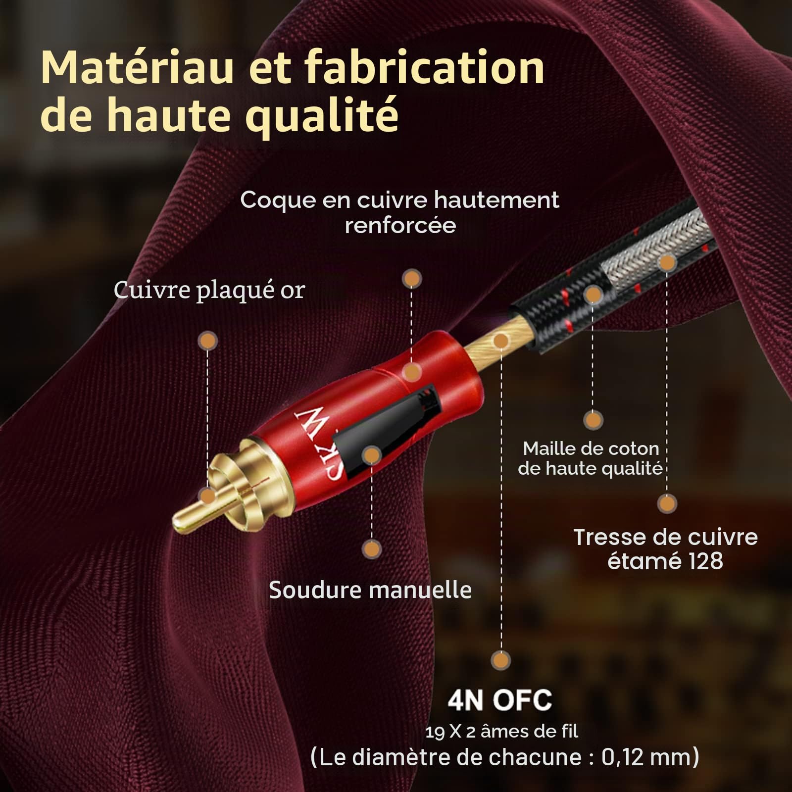 SKW Câble audio RCA, cuivre OFC - double blindage 2RCA mâle vers 2RCA mâle - câble audio stéréo analogique pour CD, DVD, amplificateur, carte son, décodeur, barre de son (5M, rouge)