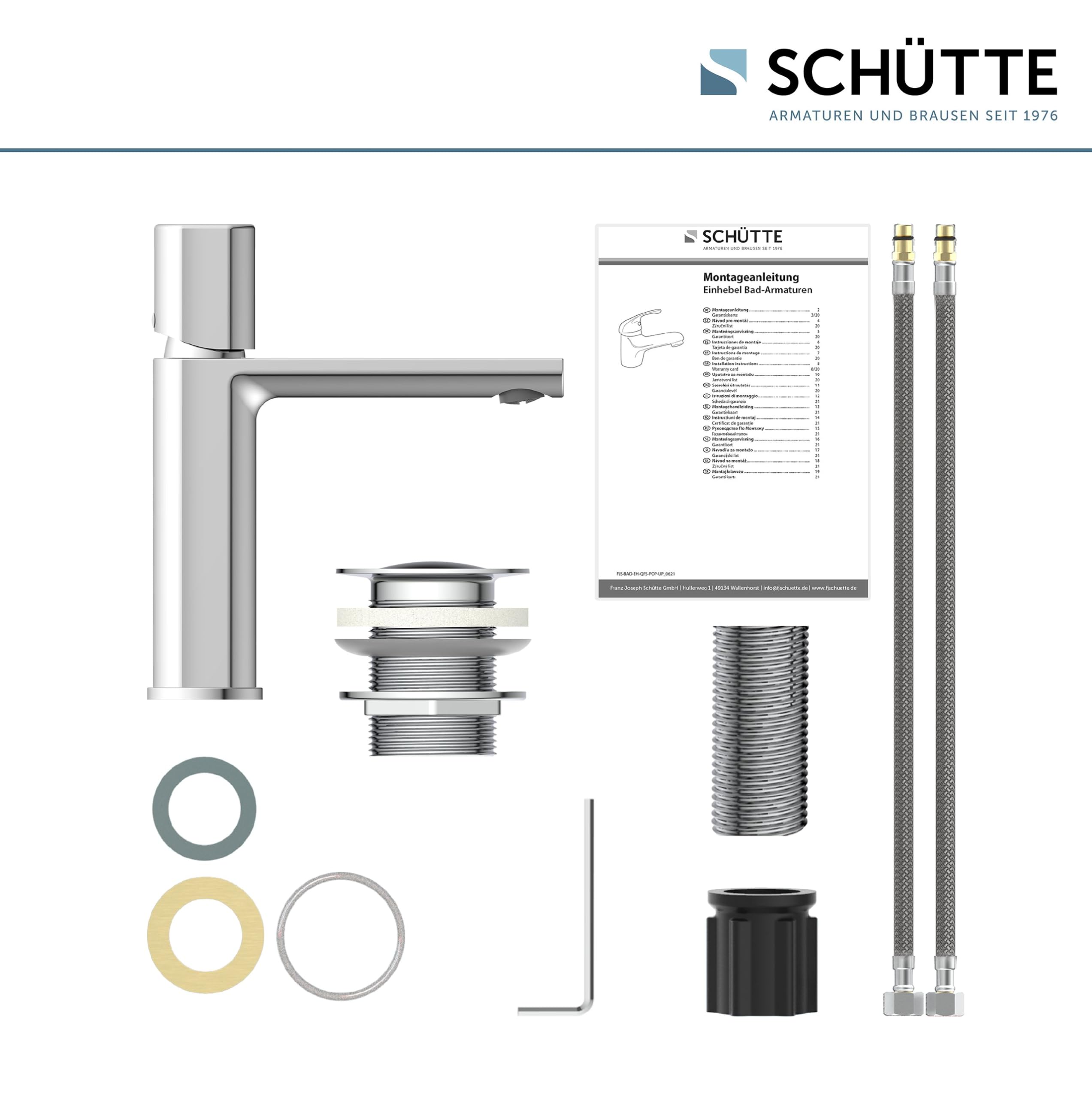 Schütte New York 33610 - Grifo mezclador monomando para lavabo con desagüe, grifo mezclador con válvula emergente, grifo de baño, monomando para baño, cromado