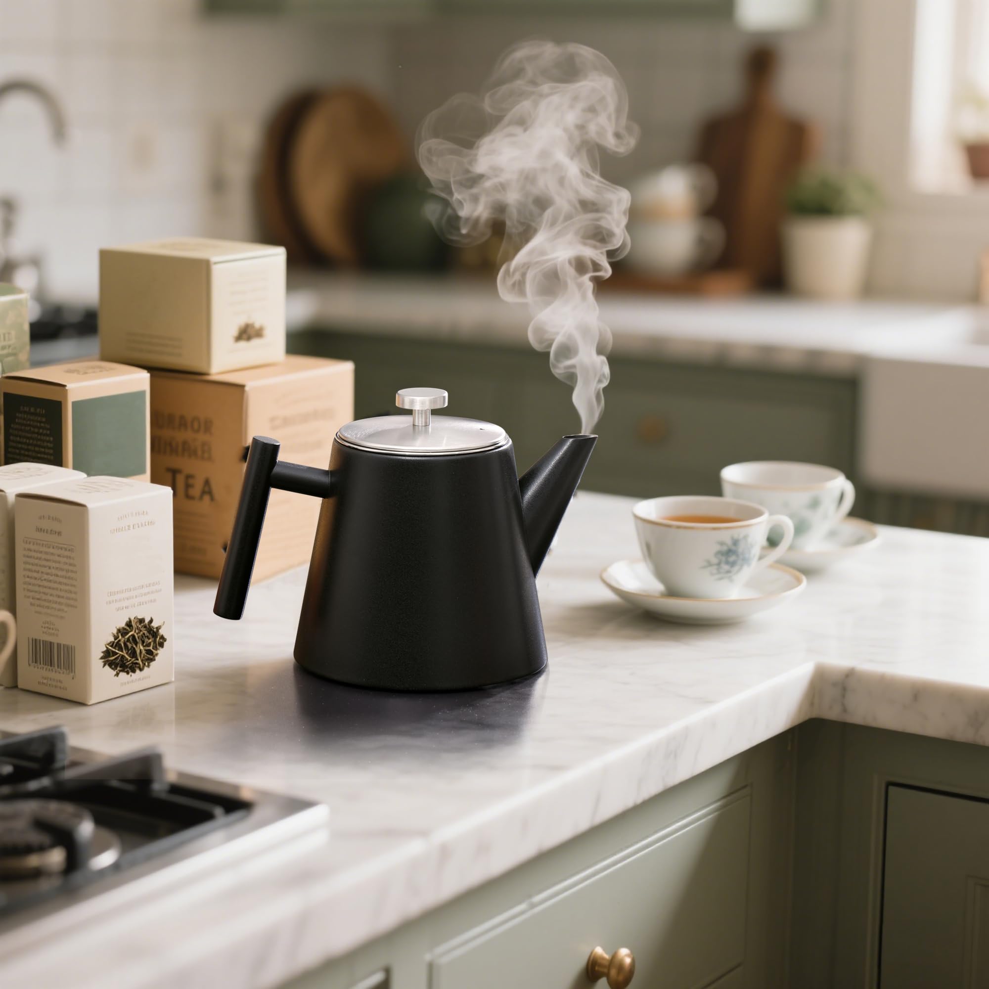 Théière isotherme Hanamura avec infuseur - en acier inoxydable à double paroi 1L - noire moderne pour thé et tisane