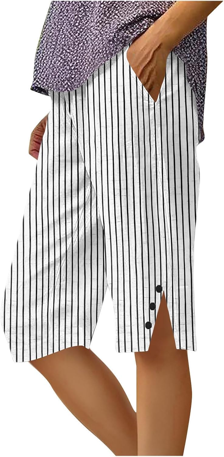 Womens Bermuda Shorts Knee Length Dressy Casual Elastic Waist Buttons Linen Shorts with Pockets Summer Striped Outfits