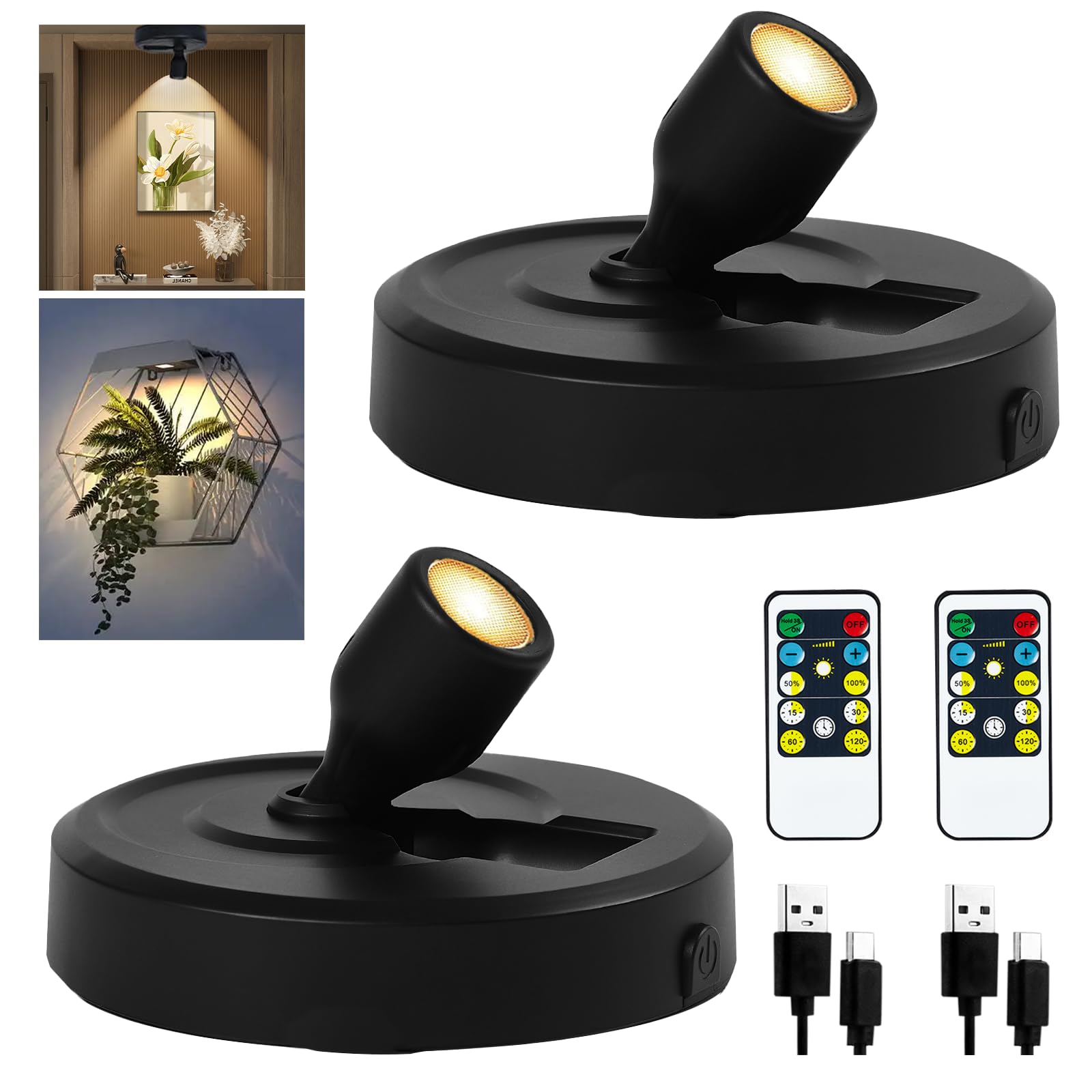 Rechargeable Spot Lights Indoor Led Spotlight, Battery Wireless Up Lights Indoor, Plants Tree Artwork Portrait Picture Display Accent Lighting for Home Decorators Homeowners Art Collectors-2 Pack