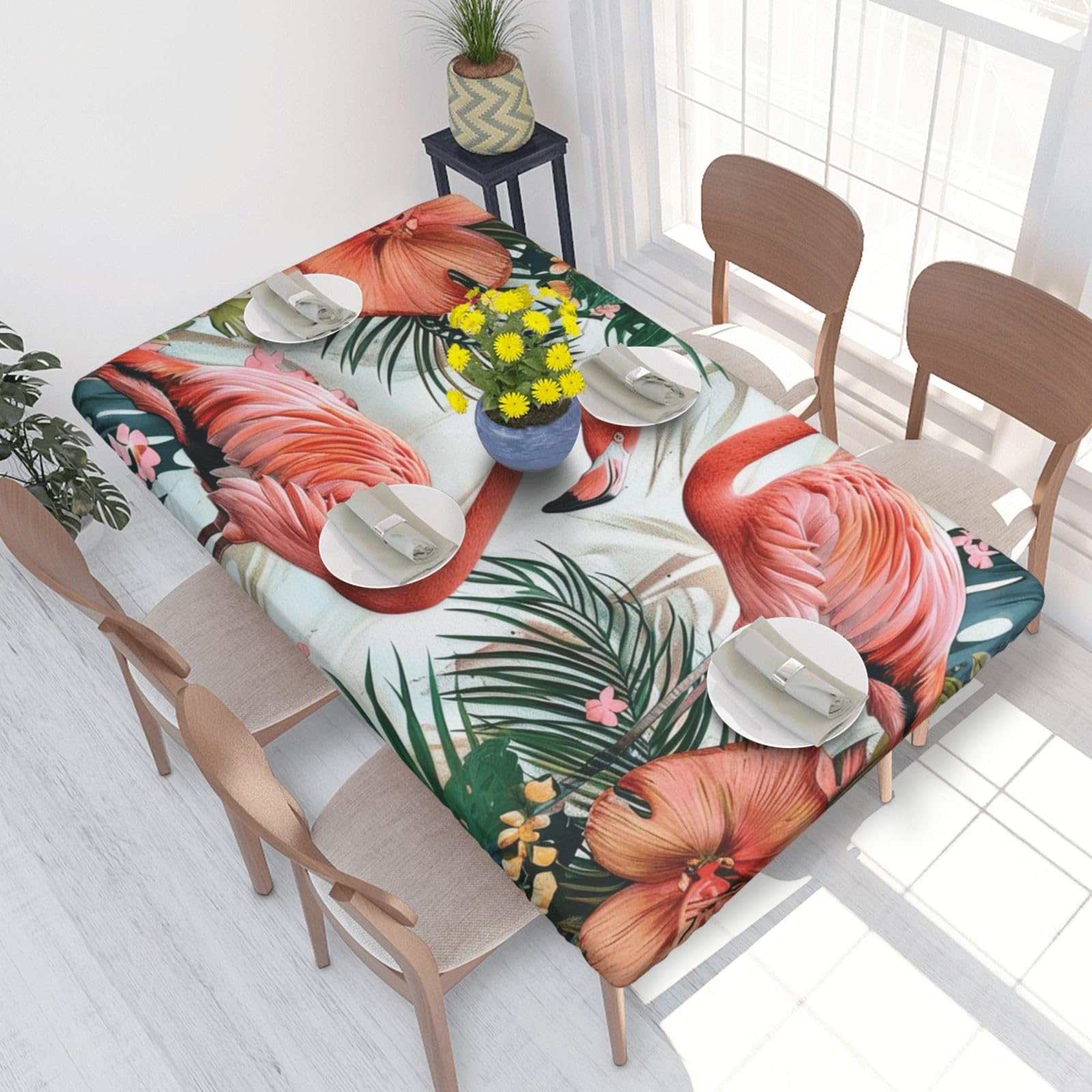 DCARSETCV Flamingo Flowers Printed 4FT Waterproof Tablecloth with Elastic Edged Protect & Decor Your Table, Oil-proof Washable Table Cloth Cover for Dinner Picnic Party
