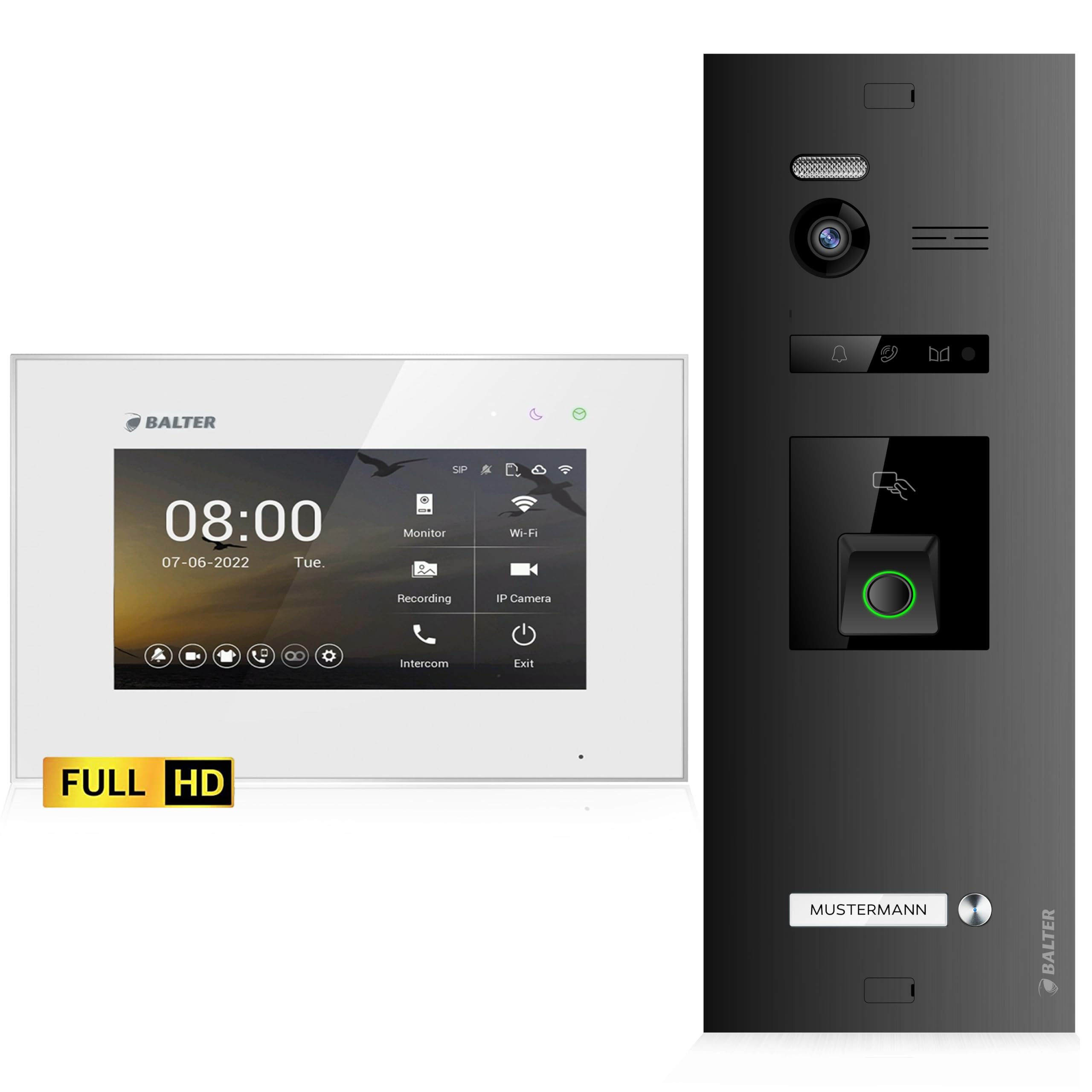 Balter EVO-HD Video Türsprechanlage mit Fingerprint, Video Türklingel, 1 Familienhaus, 1x 7 Zoll Monitore, Türklingel mit Kamera Full HD, 2 Draht Bus, 175° Weitwinkel, RFID,1080P