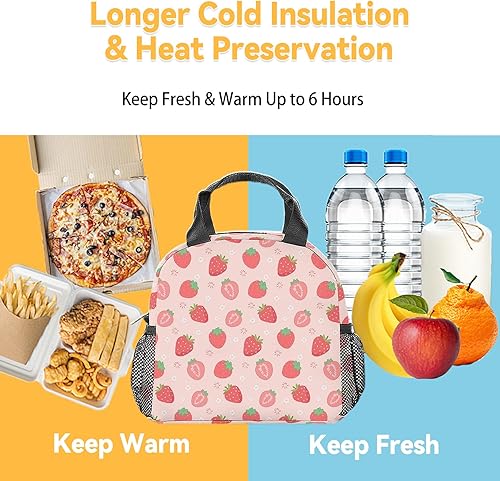 Miniatura 6 de Lonchera de fresa para niños, lonchera aislada para niñas, color rosa, lindas bolsas de almuerzo con bolsillos, bolsa de almuerzo reutilizable