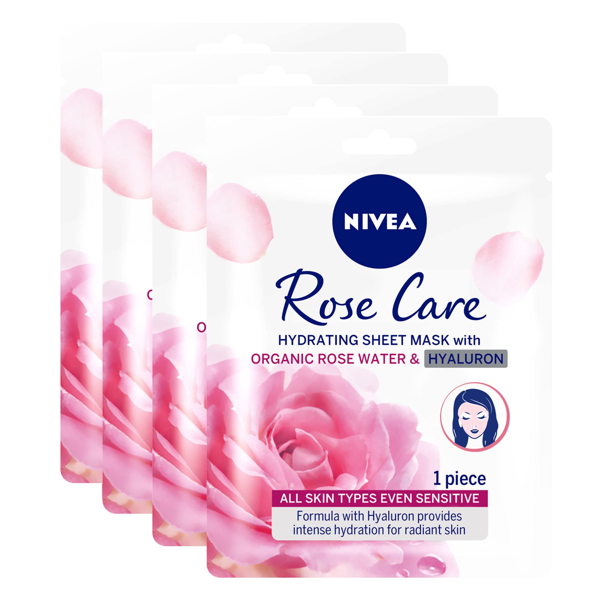 NIVEARose Care Hydrating Face Sheet Mask, Organic Rose Water, All Skin Types, 3+1 Free
