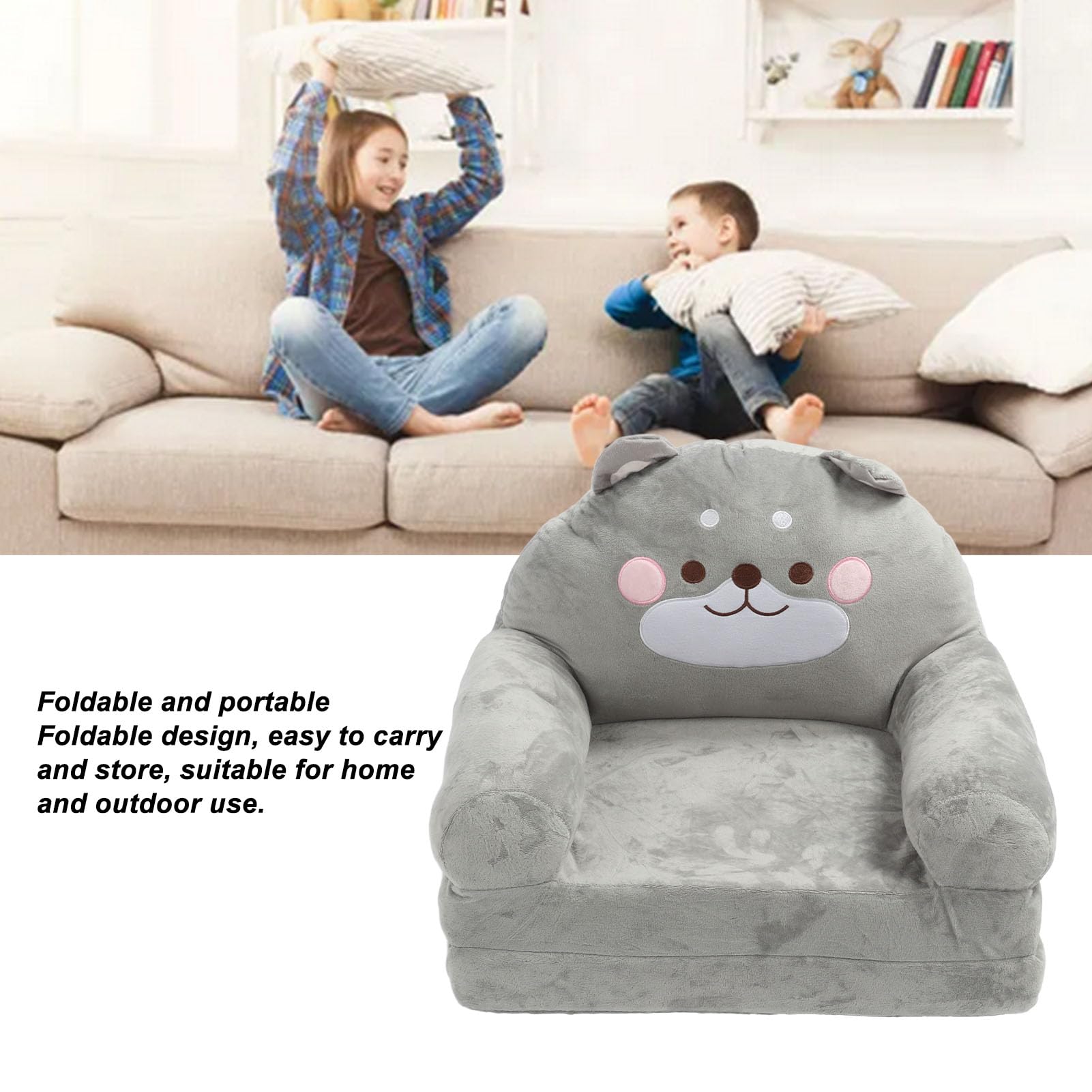 Cryfokt Urocza Rozkładana Sofa dla Dzieci do Czytania i Oglądania Telewizji, Przenośne Krzesełko dla Malucha z Kreskówkowym Wzorem, Gąbczasta Szara (Składane na pół)