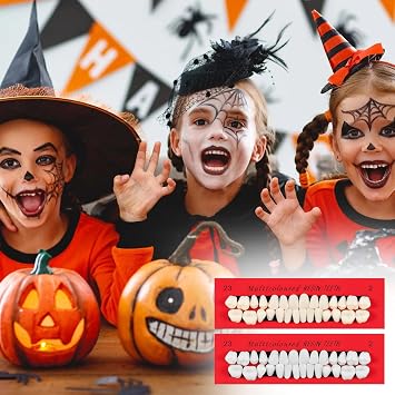 7 Sets Acrylic Resin False Teeth, Two Shades Upper Lower Temporary Crowns for Teeth, Dentures for Teaching Halloween Cosplay Costume Parties and DIY Supplies