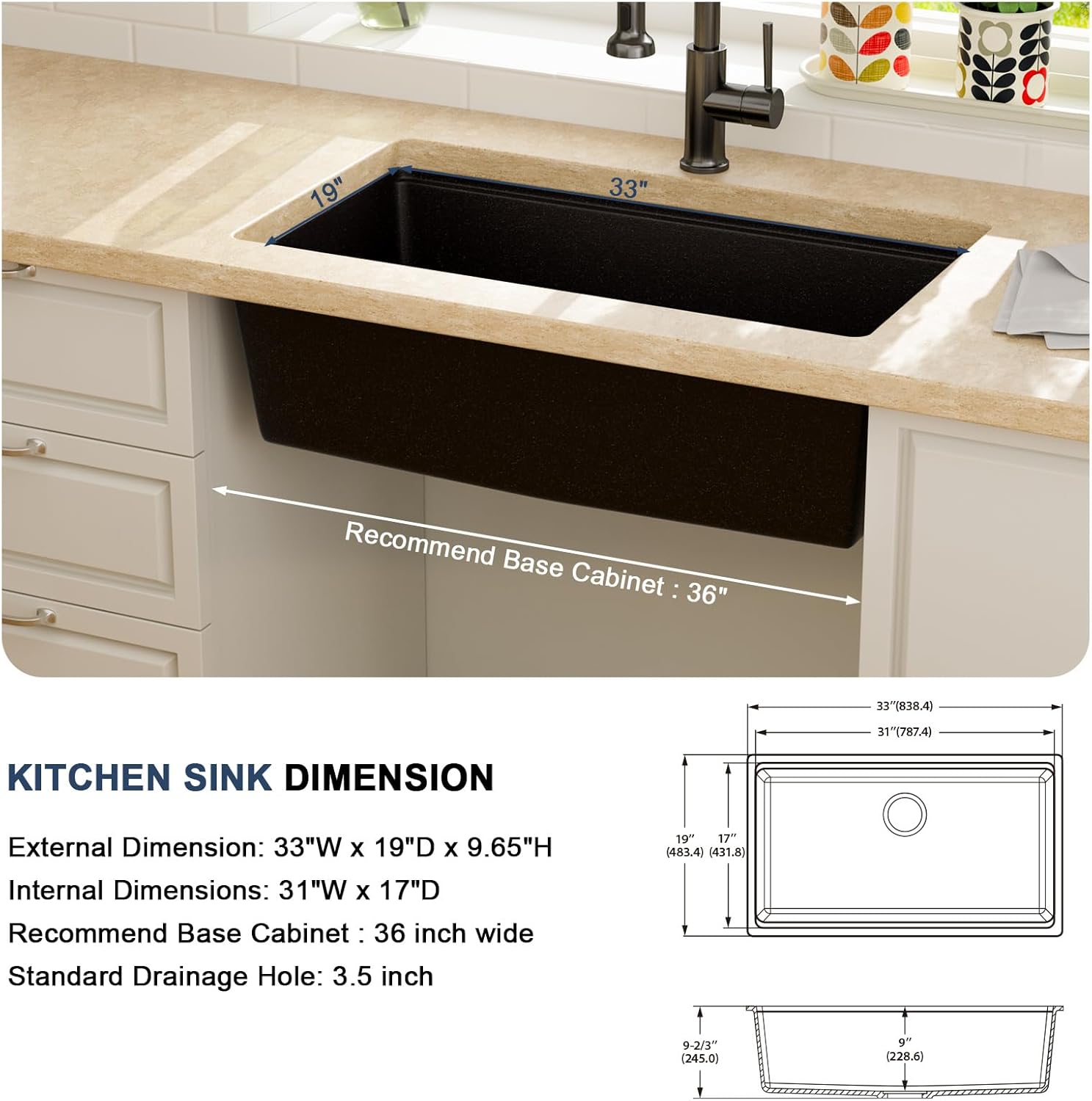 Lordear 33 Inch Black Undermount Kitchen Granite Composite Workstation 33x19 Matte Black Undermount Quartz Sinks Under Counter Single Bowl Sink with Matte Black Accessories