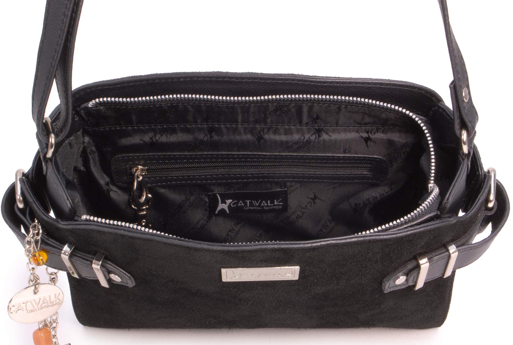 Catwalk Collection Handbags - Borsa a Tracolla in Vera Pelle e Camoscio - Borsa a Mano Media - Tracolla Regolabile - Amanda
