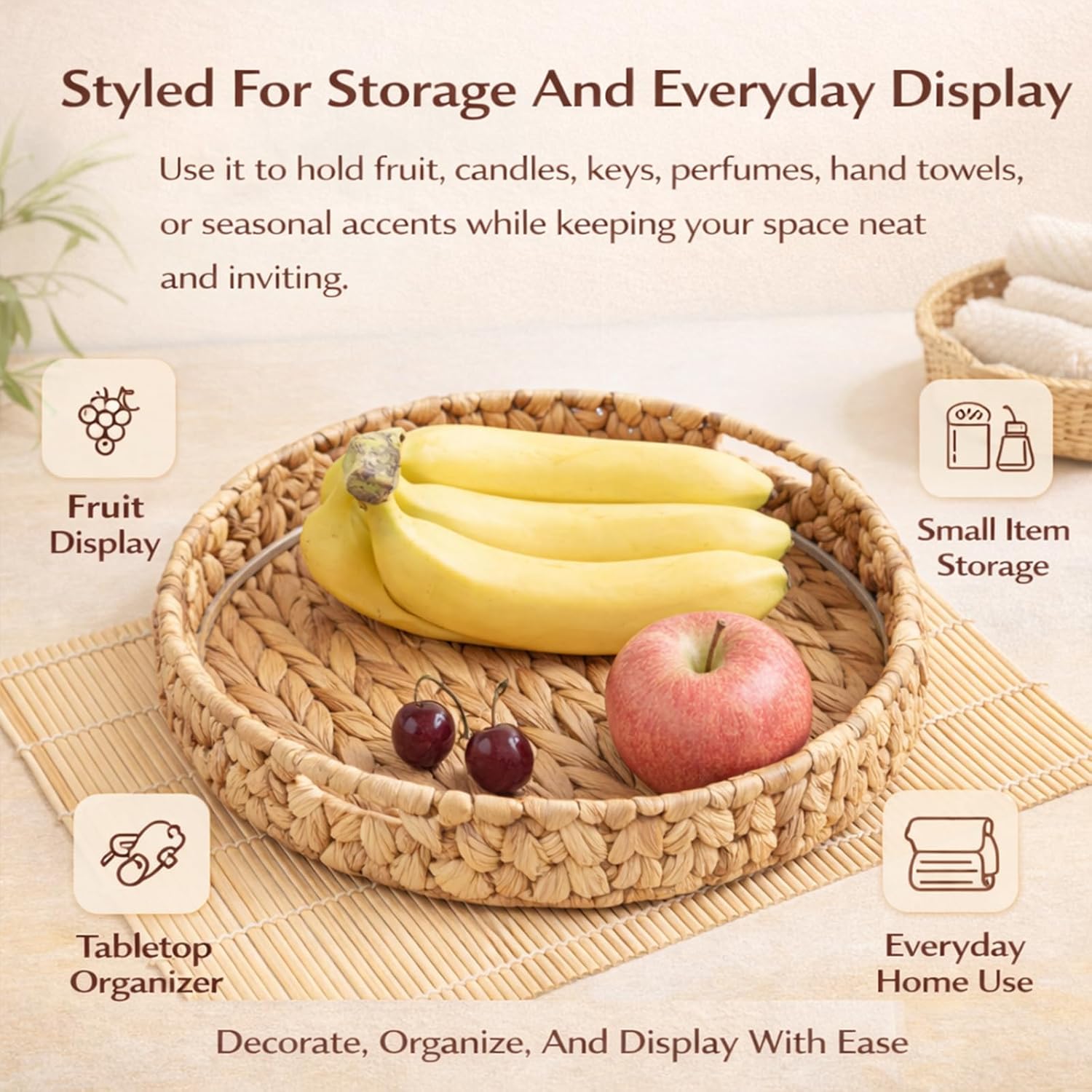 Round Woven Rattan Tray with Clear Acrylic Insert and Handles, Water Hyacinth Decorative Storage Tray for Coffee Table, Ottoman, Bathroom Counter, Kitchen (S+M+L 3 PCS)