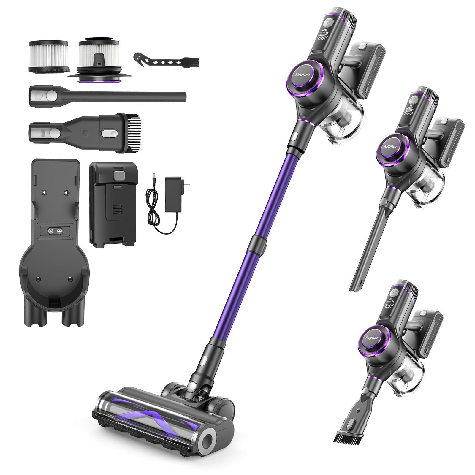 Aspiradora inalámbrica de 600 W y 65 kPa con motor dual para el hogar, con succión automática de IA, 70 minutos de autonomía, diseño autónomo, faros LED para alfombras, pisos de madera, pelo de mascotas y baldosas.