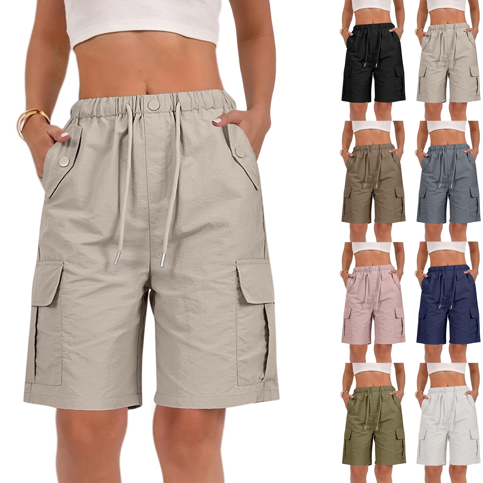 Women's Bermuda Shorts Summer Quick Dry Cargo Shorts with Pockets Outdoor Casual Elastic Waist Drawstring Knee Length Hiking Short Water Resistant Athletic Golf Short Camping Travel Pant