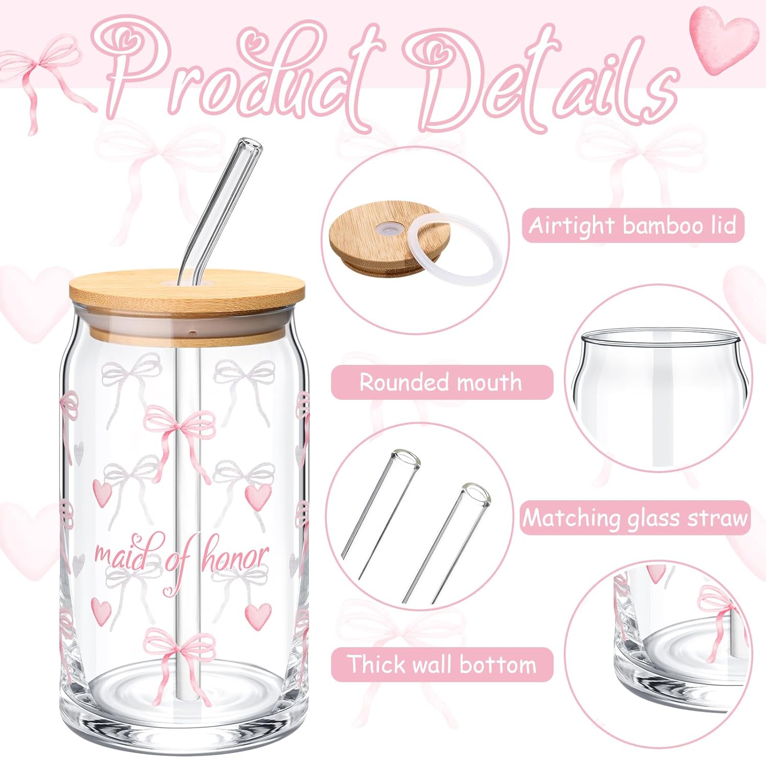 Meanplan 6 Pcs Maid of Honor Proposal Gift Coquette Pink Bow Will You Be My Maid of Honor Gift 17oz Pink Bow Glass Cup Makeup Bag Candle Hair Clip Card Box for Wedding Bachelorette Party Bridal Shower